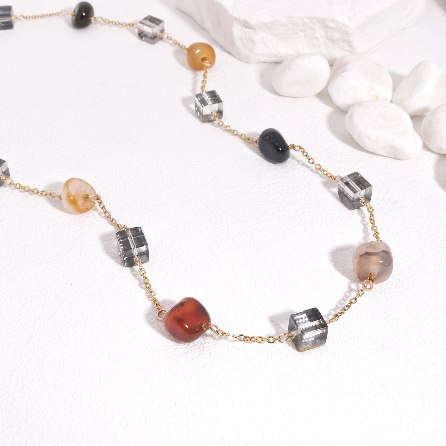 Gorgeous Natural Agate and Crystal Gold Necklace