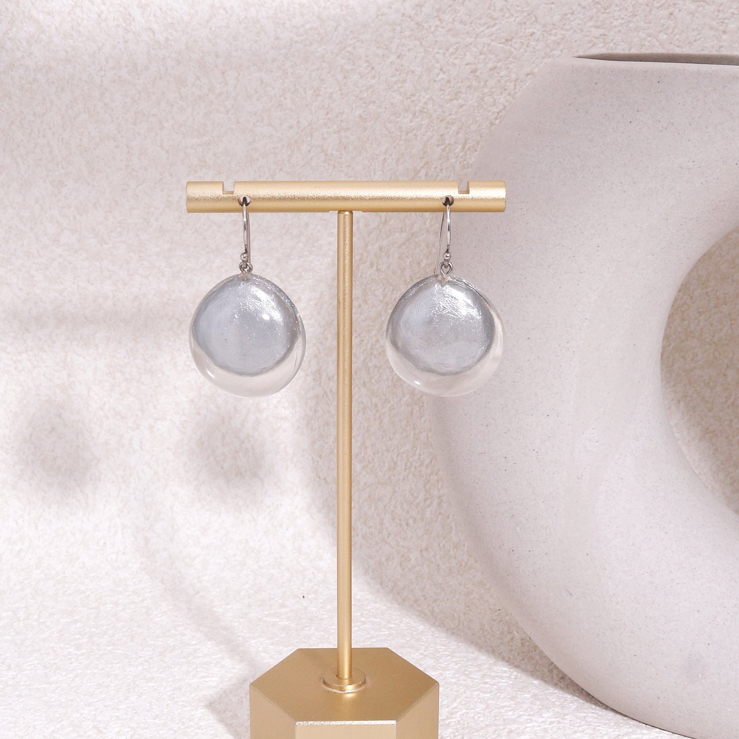 LUXUS Round Glass Silver Drop Earrings