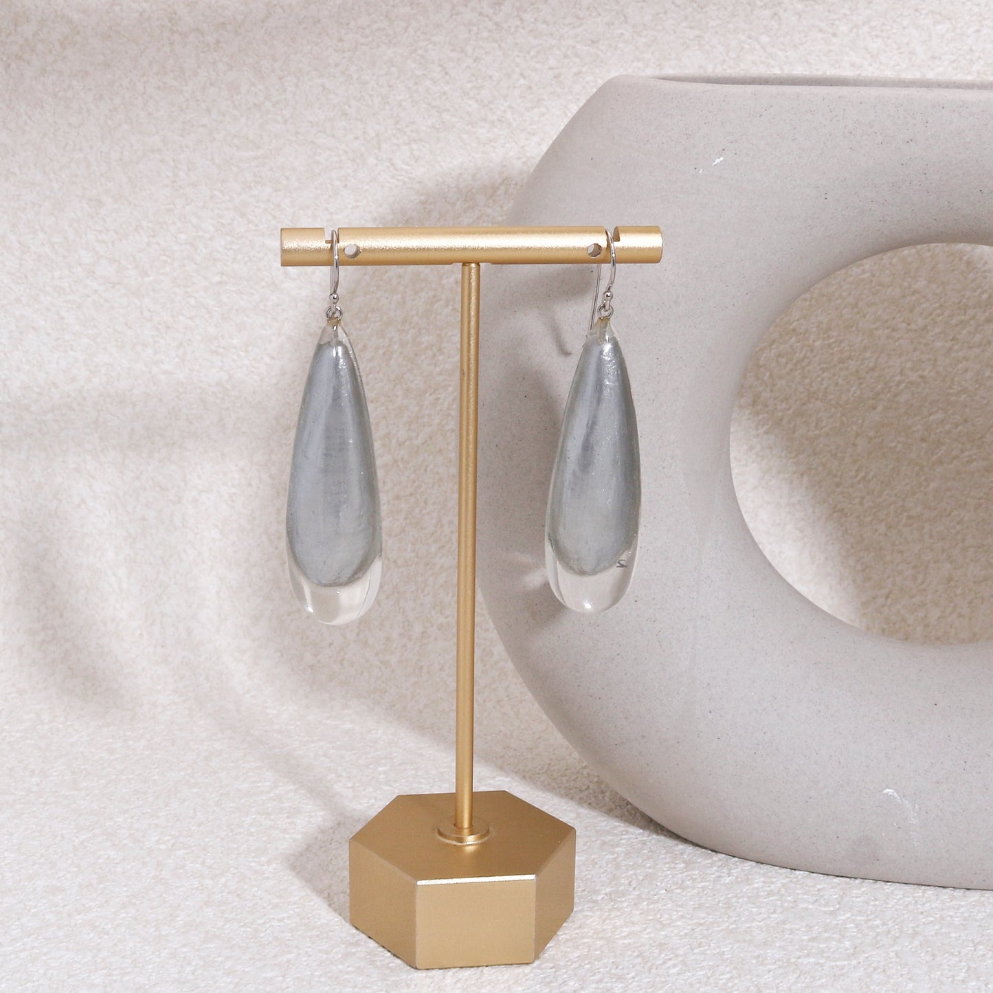 LUXUS Large Silver Glass Drop Earrings