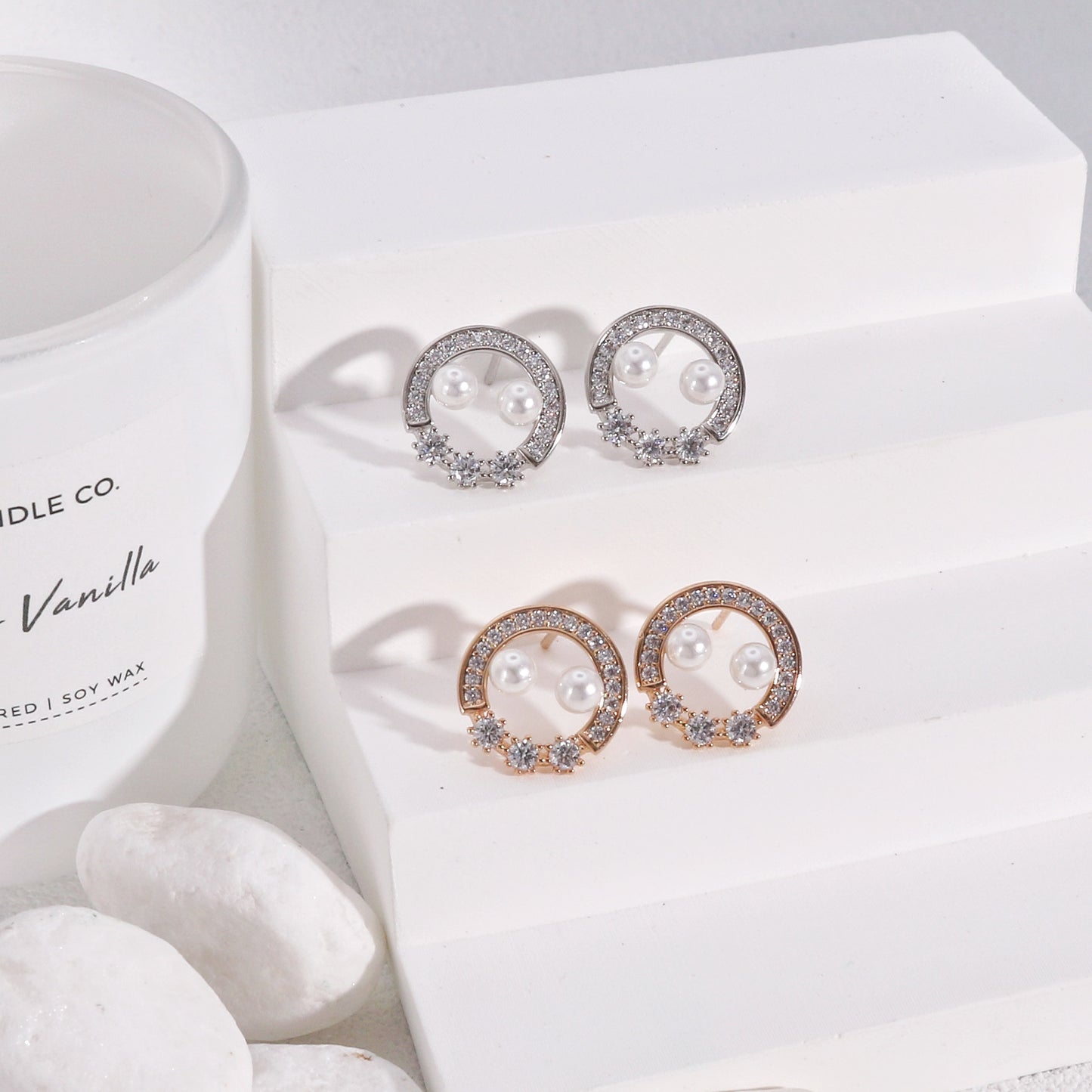 Ondessa CZ Pearl Round Stud Earrings