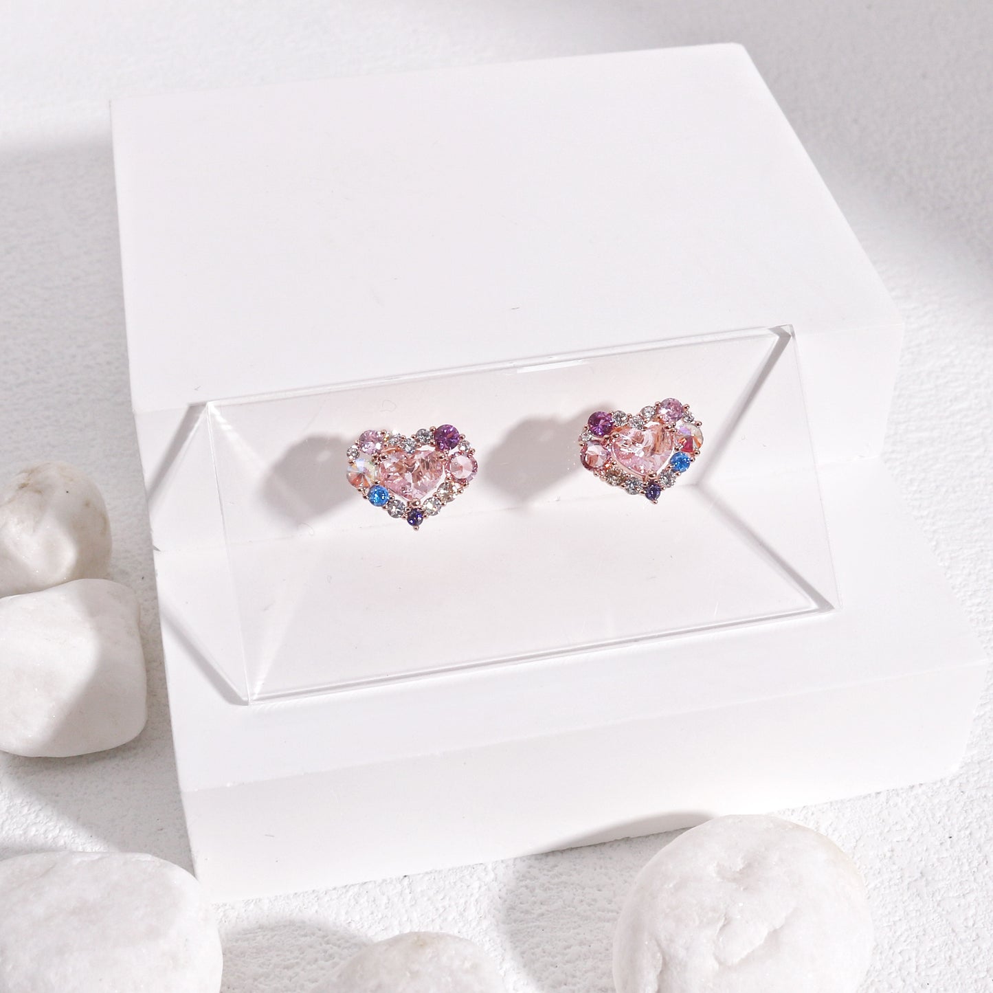Pink Blue Korean Crystal Heart Stud Earrings