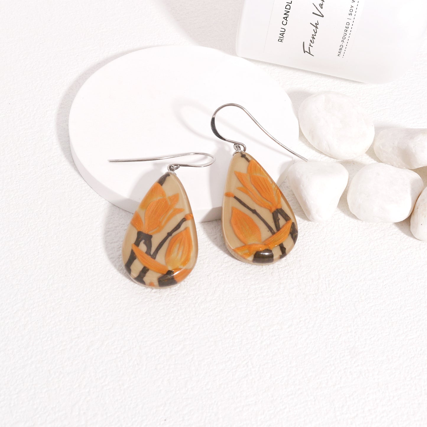 Magnolia Orange Floral Dangle Earrings