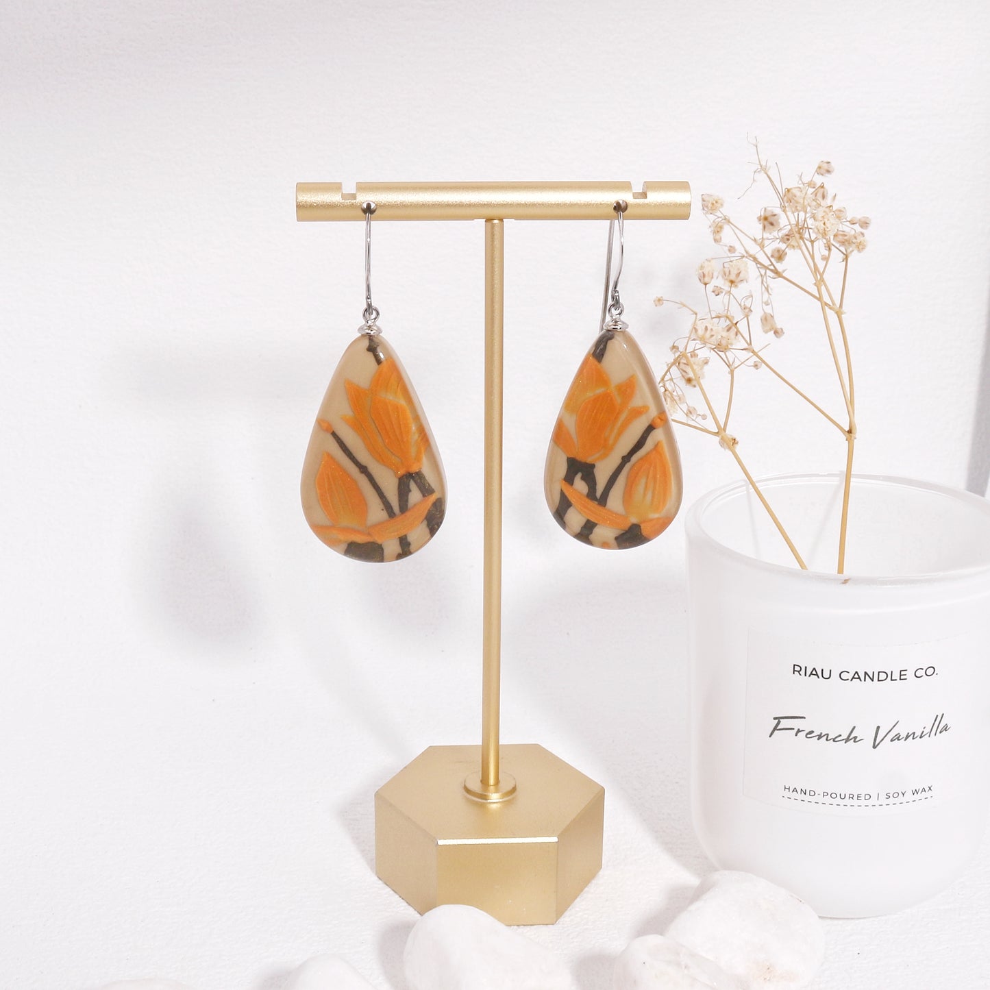 Magnolia Orange Floral Dangle Earrings