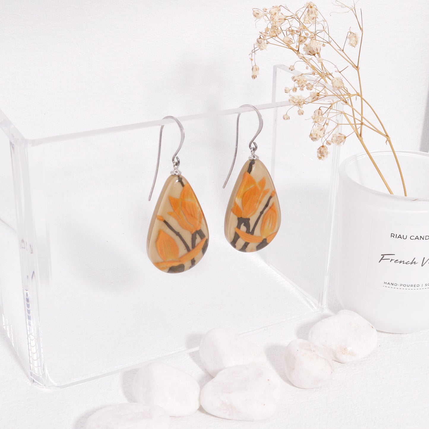 Magnolia Orange Floral Dangle Earrings