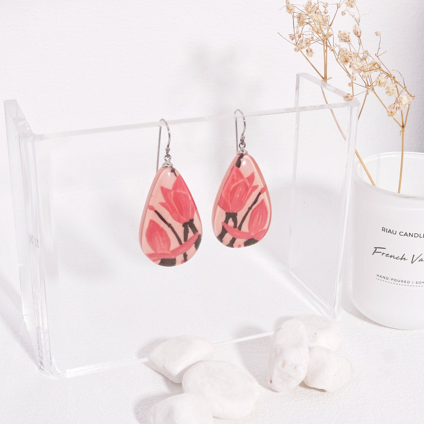 Magnolia Pink Floral Dangle Earrings
