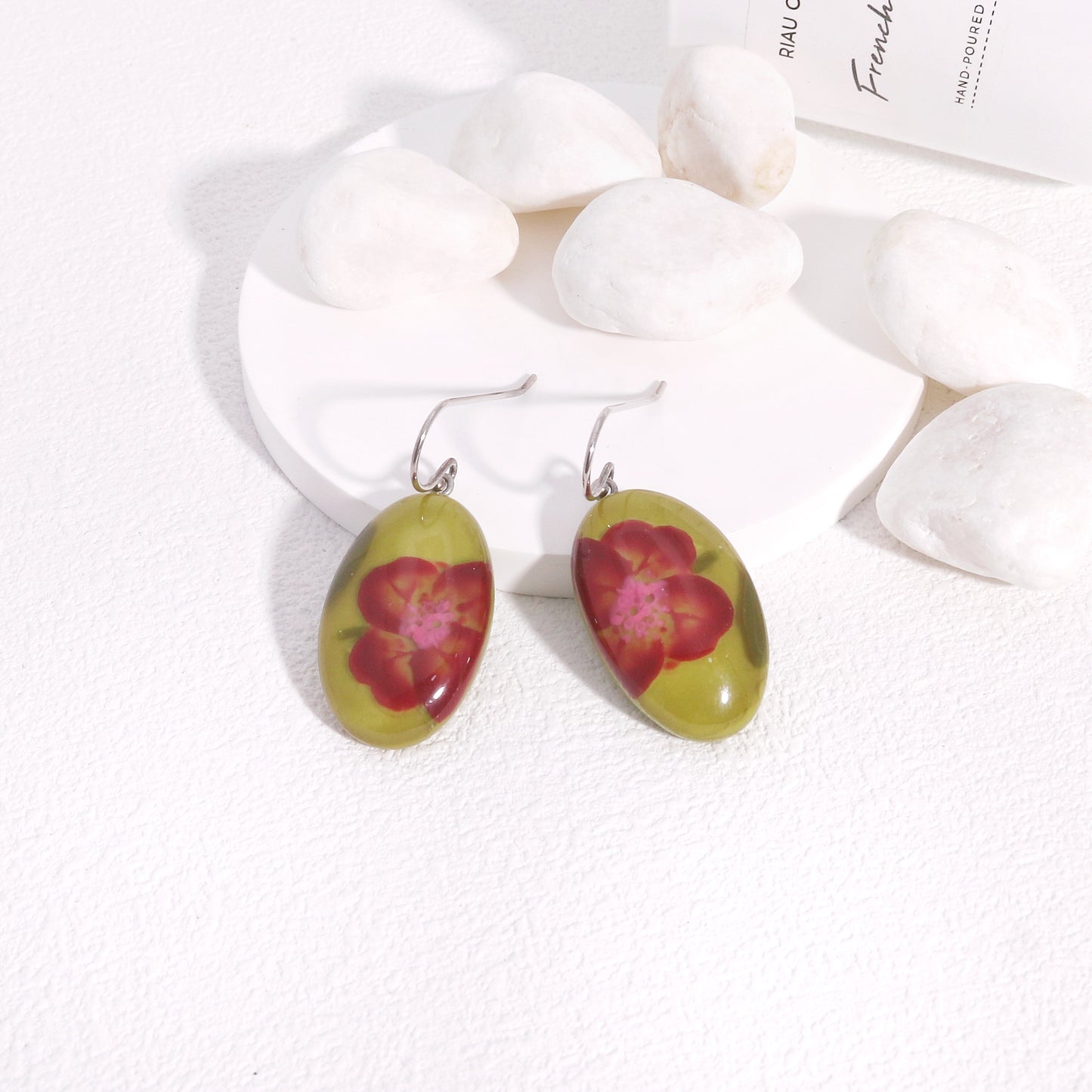 Nell Pandan Green Floral Handmade Resin Drop Earrings