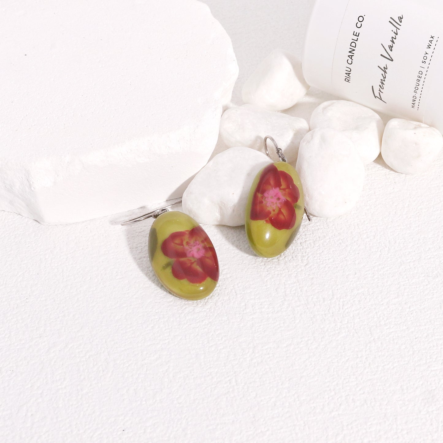 Nell Pandan Green Floral Handmade Resin Drop Earrings