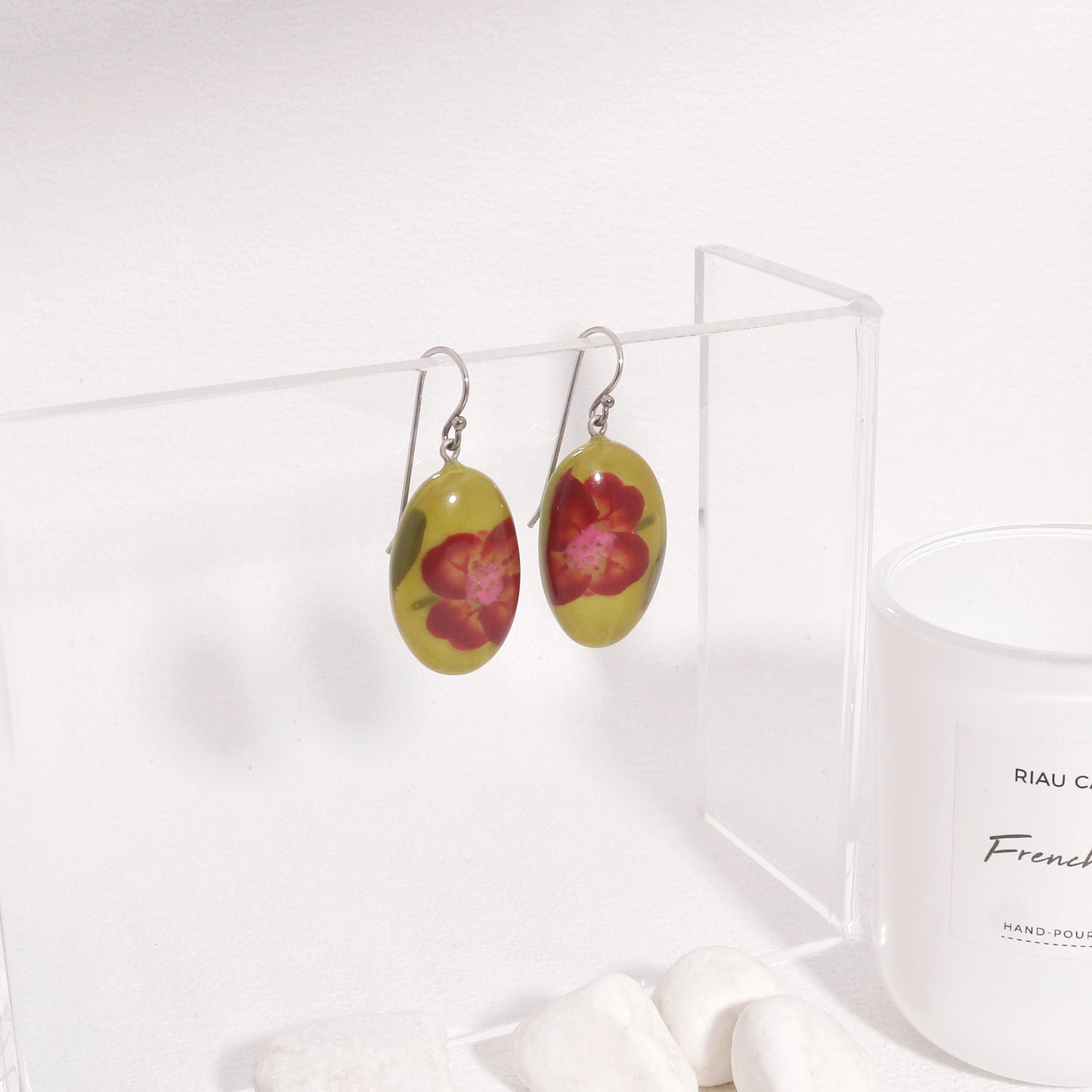 Nell Pandan Green Floral Handmade Resin Drop Earrings
