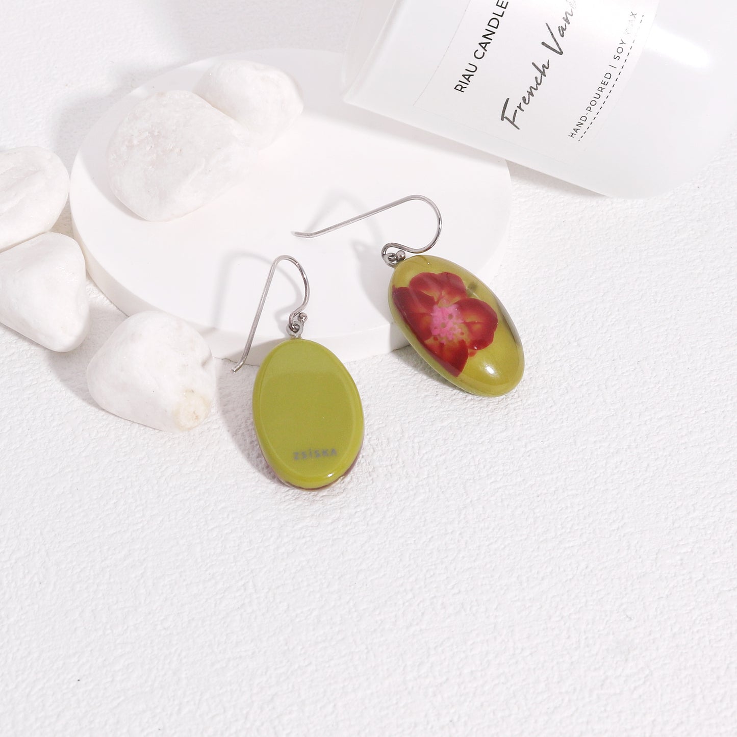 Nell Pandan Green Floral Handmade Resin Drop Earrings