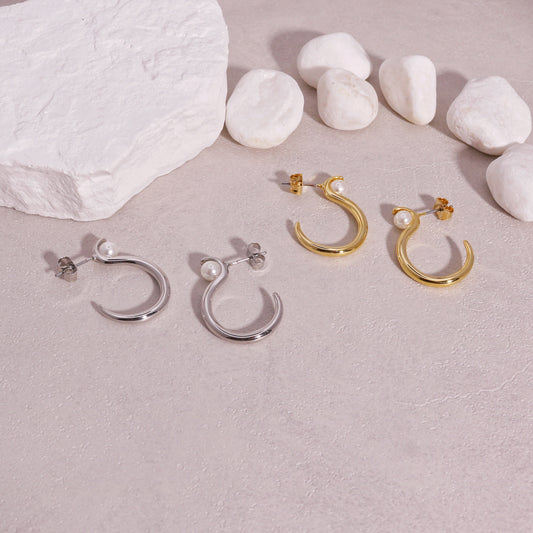 Mia High Polish Curved Metal Hoop Drop Earrings