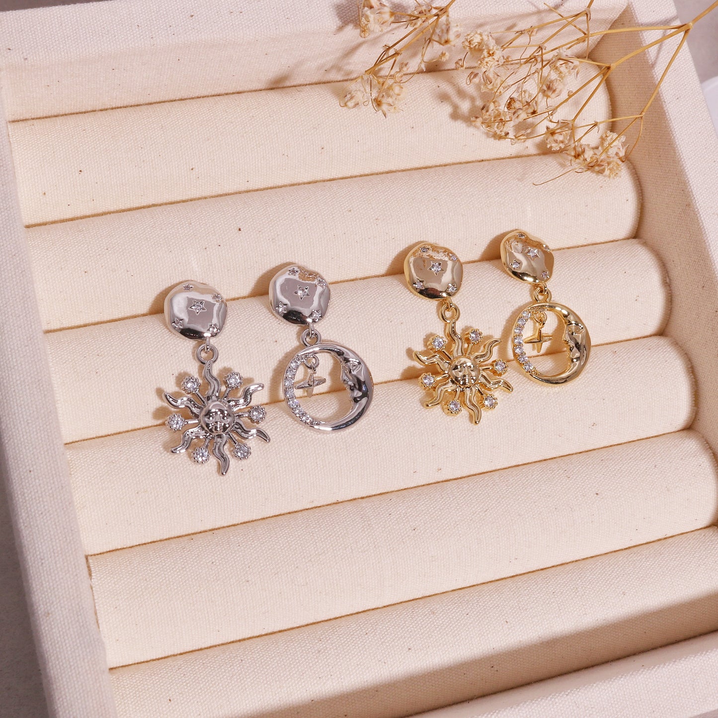 Harper Asymmetrical Sun and Moon Dangle Earrings