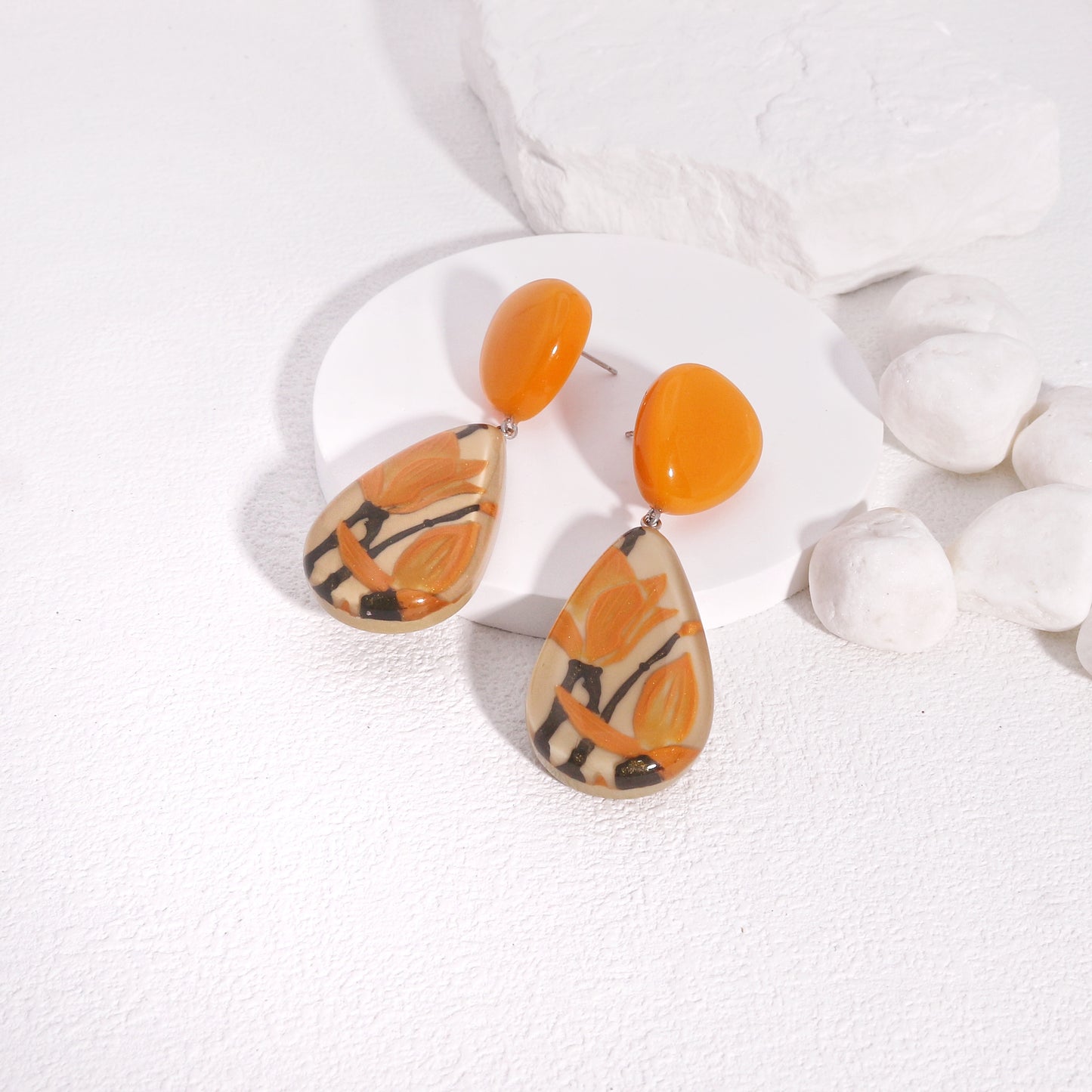 Magnolia Orange Floral Drop Earrings