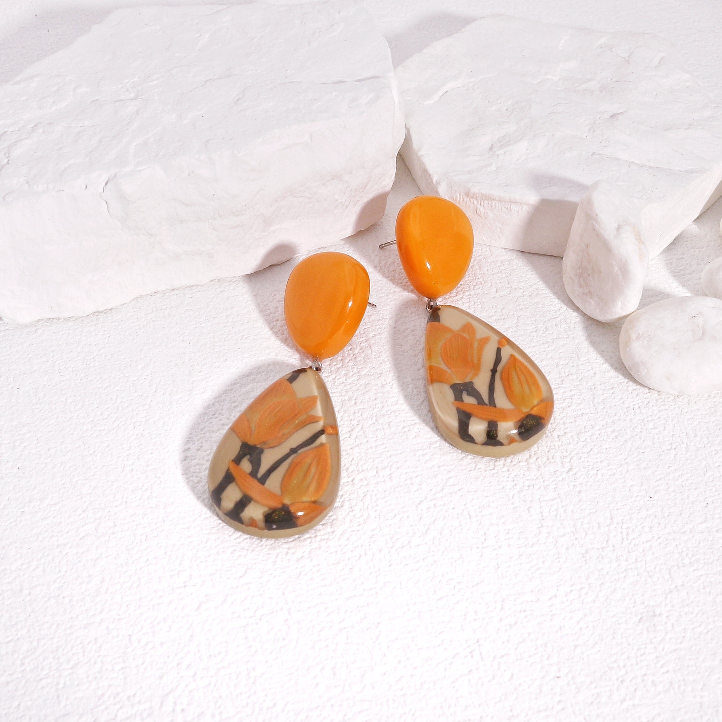 Magnolia Orange Floral Drop Earrings
