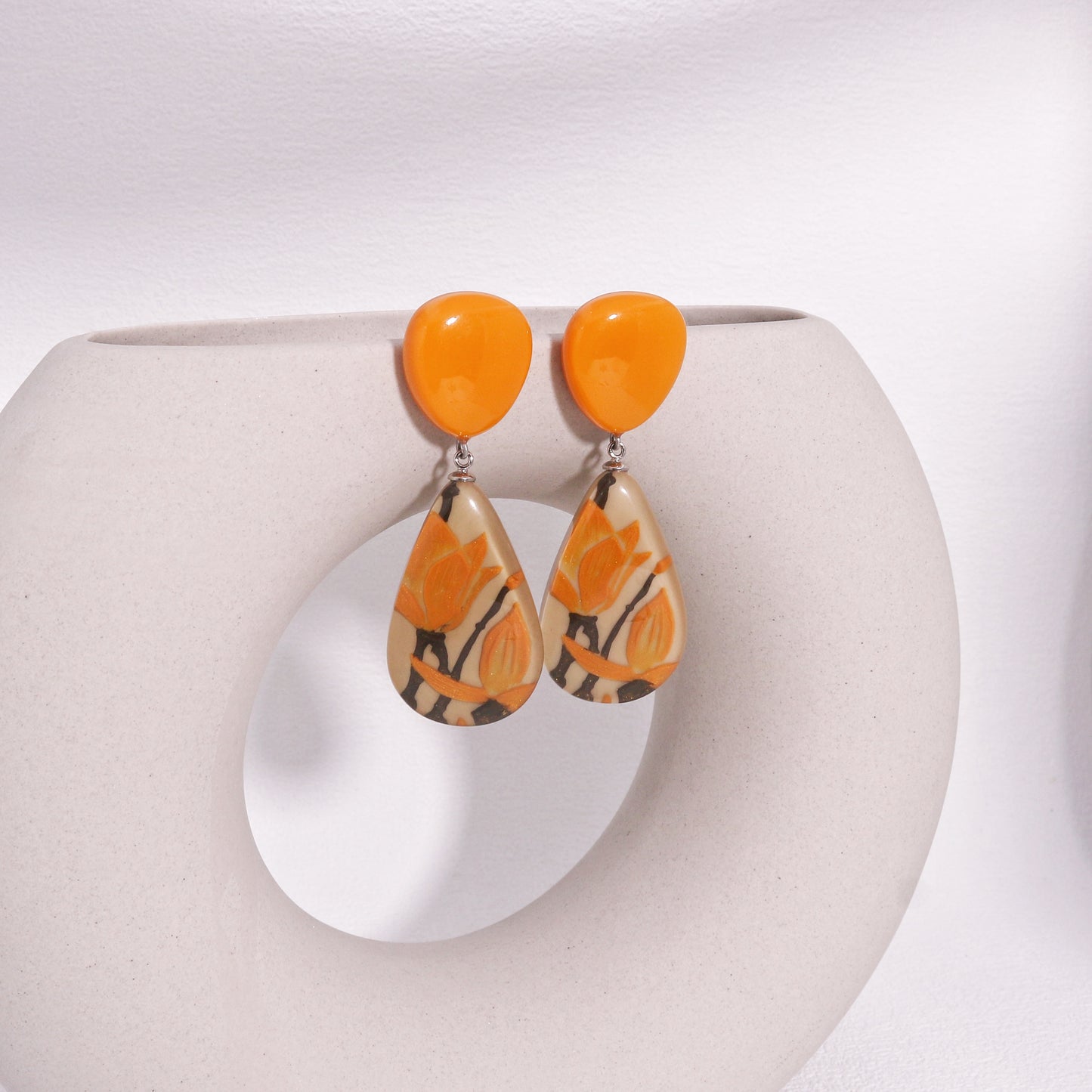 Magnolia Orange Floral Drop Earrings