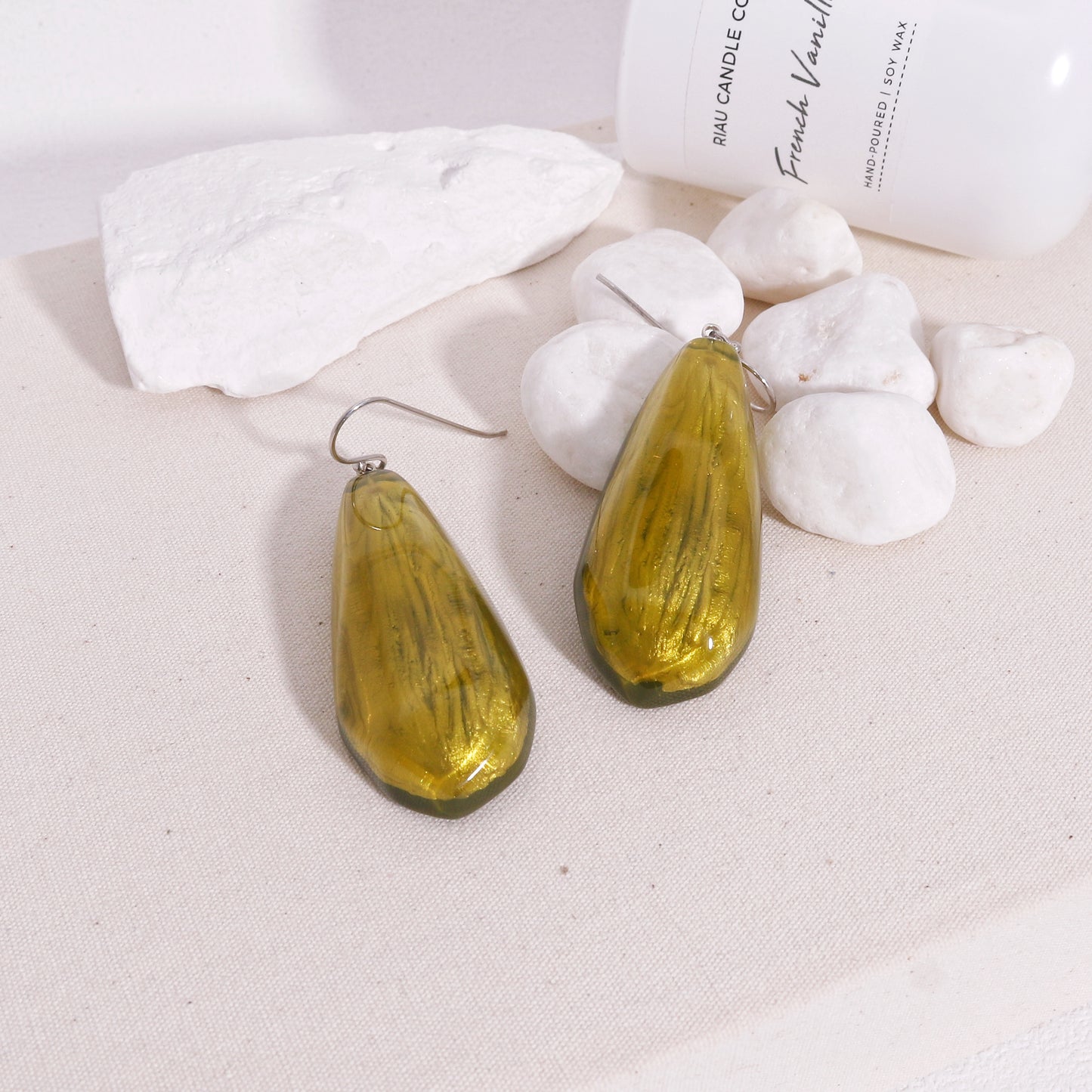 Empress Statement Olive Green Resin Drop Earrings