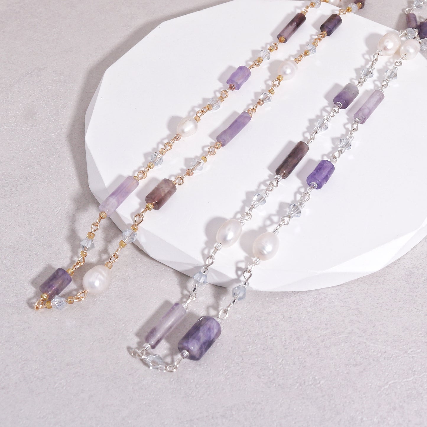 Bridgette Amethyst and Pearl Handwired Long Necklace