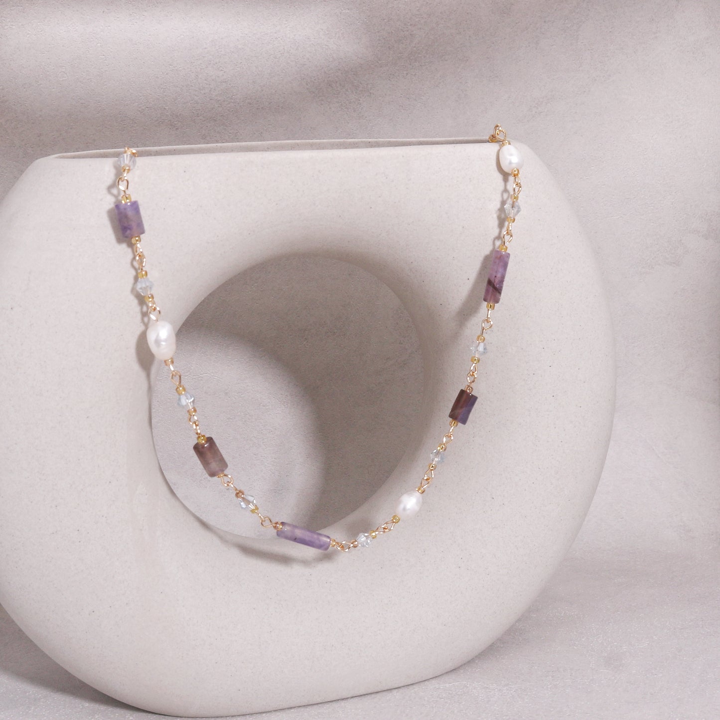 Bridgette Amethyst and Pearl Handwired Long Necklace