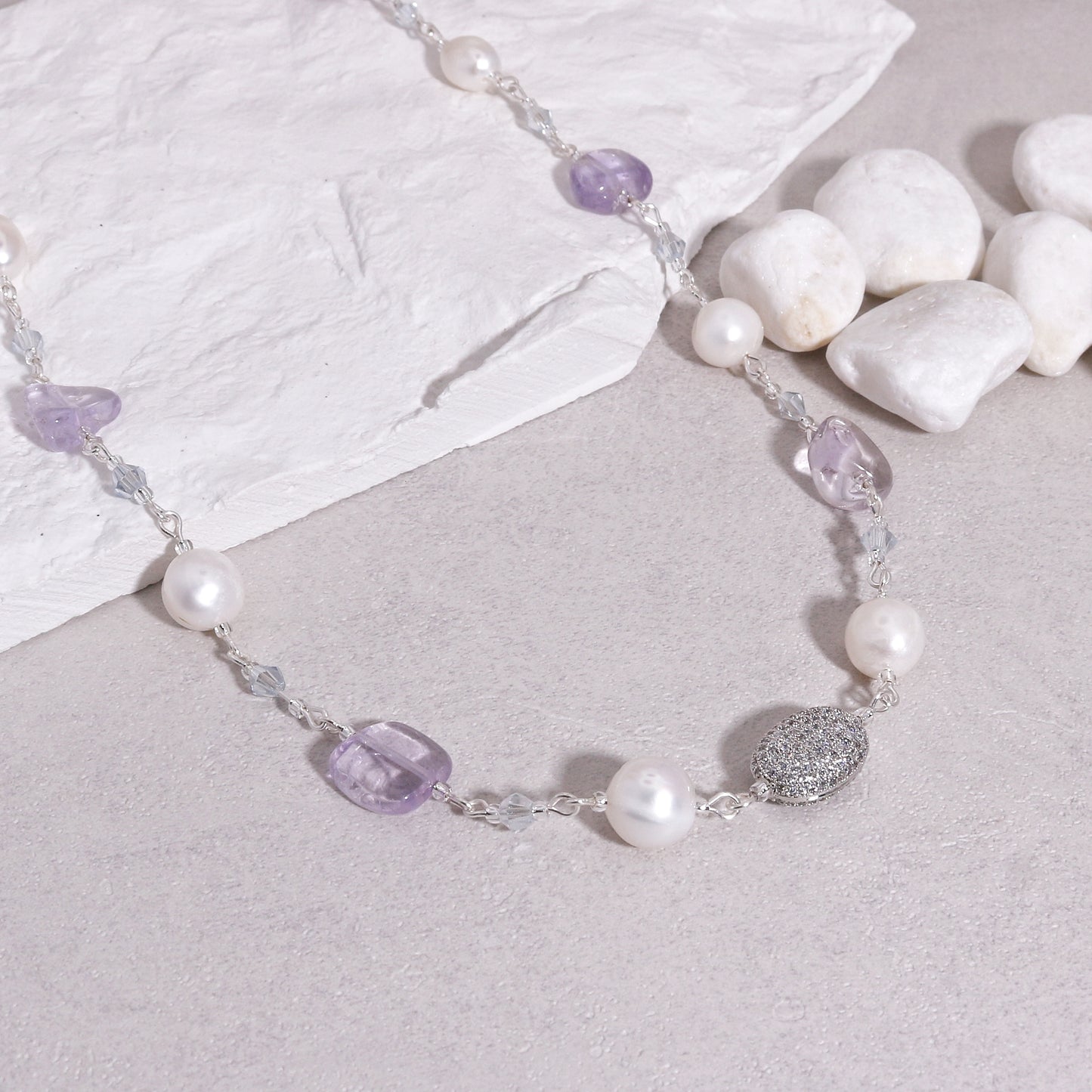 Regina Handwired Natural Amethyst and Pearl Necklace
