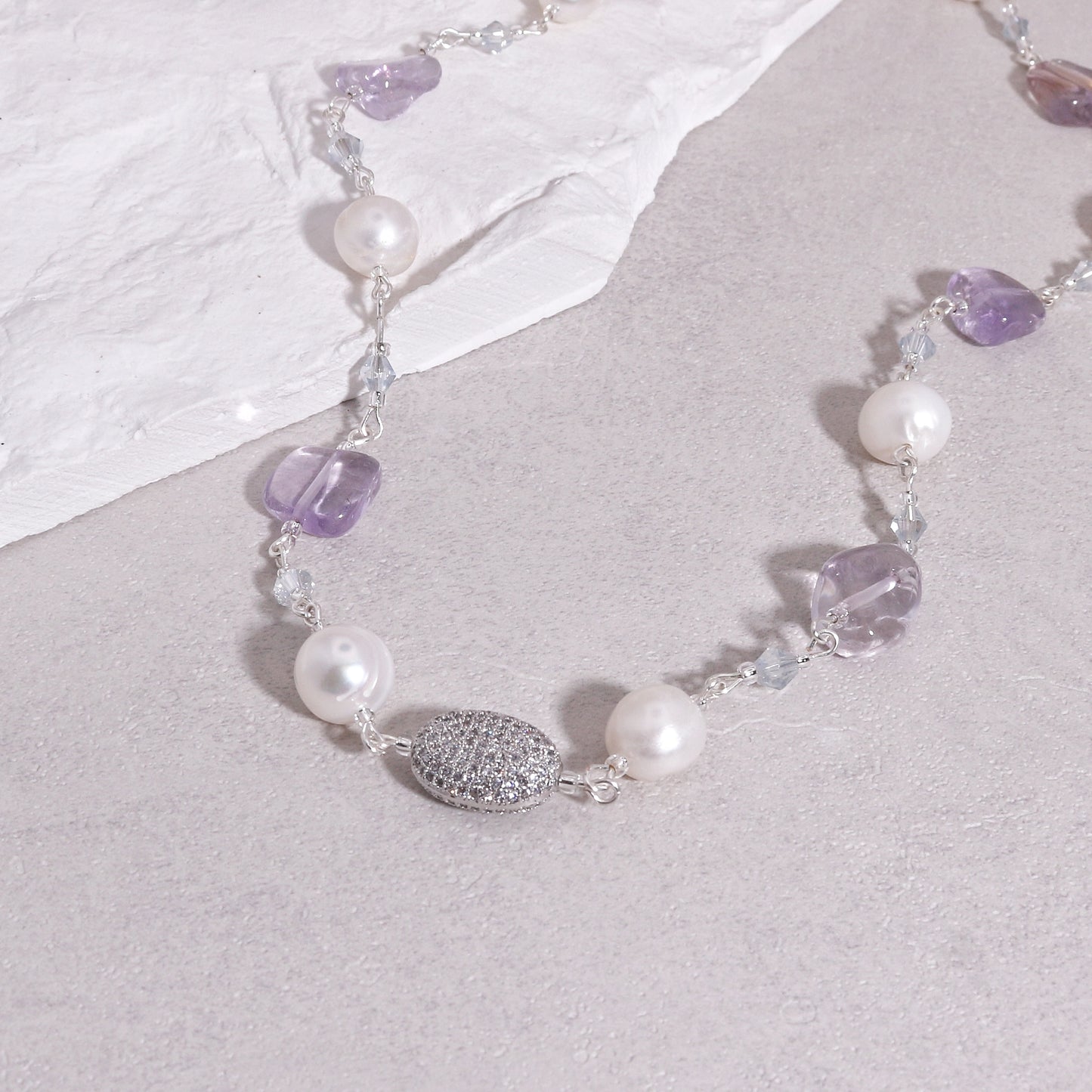 Regina Handwired Natural Amethyst and Pearl Necklace