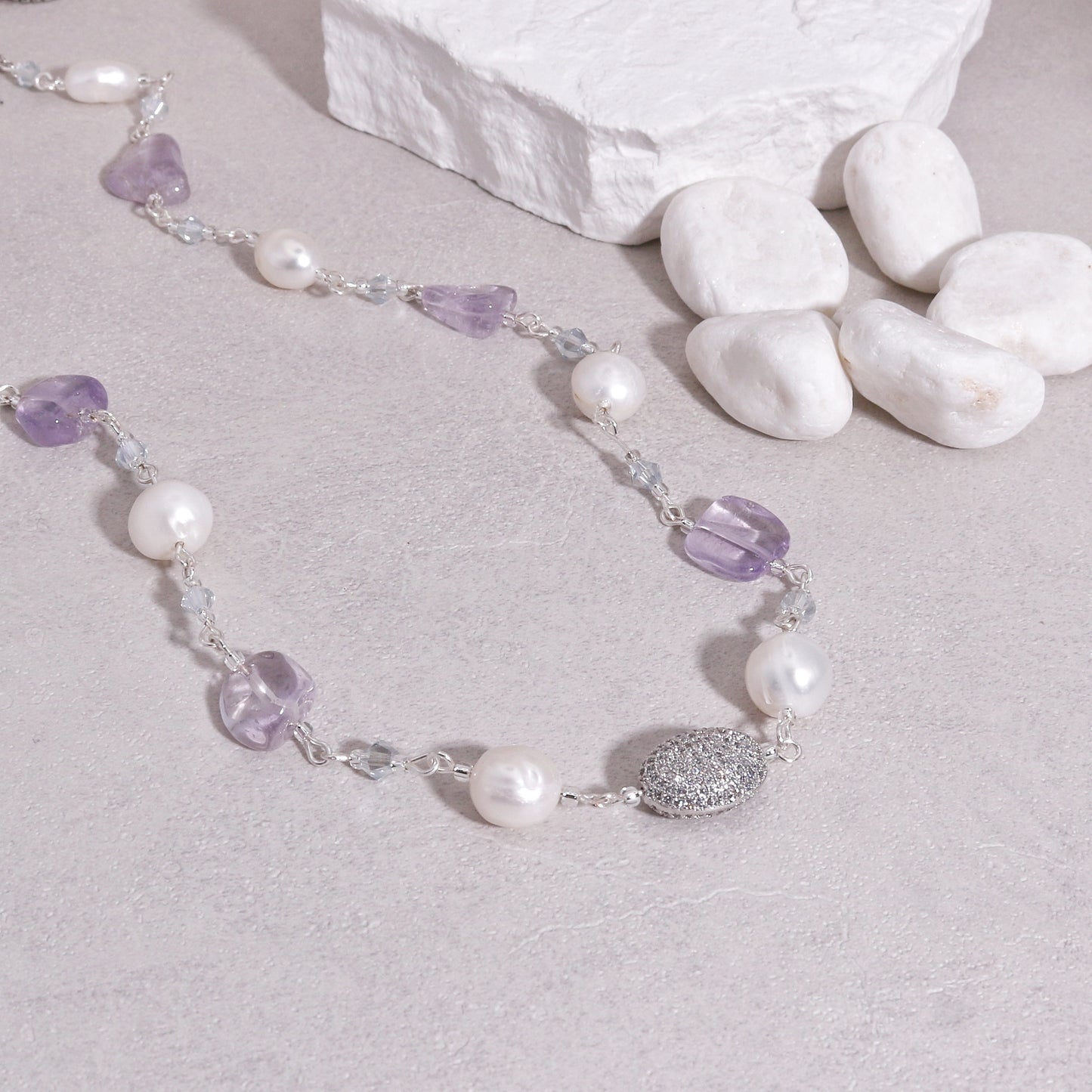 Regina Handwired Natural Amethyst and Pearl Necklace