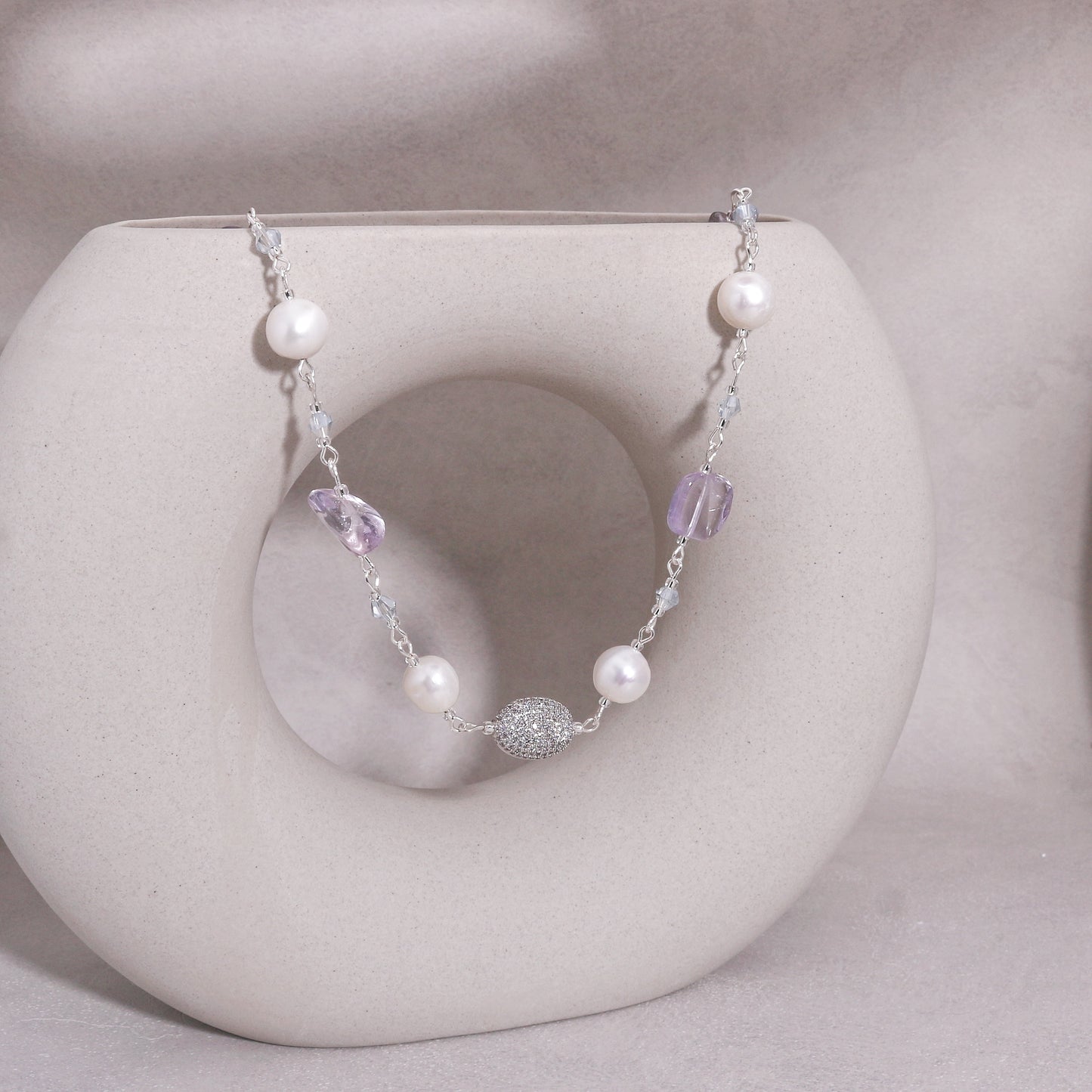 Regina Handwired Natural Amethyst and Pearl Necklace