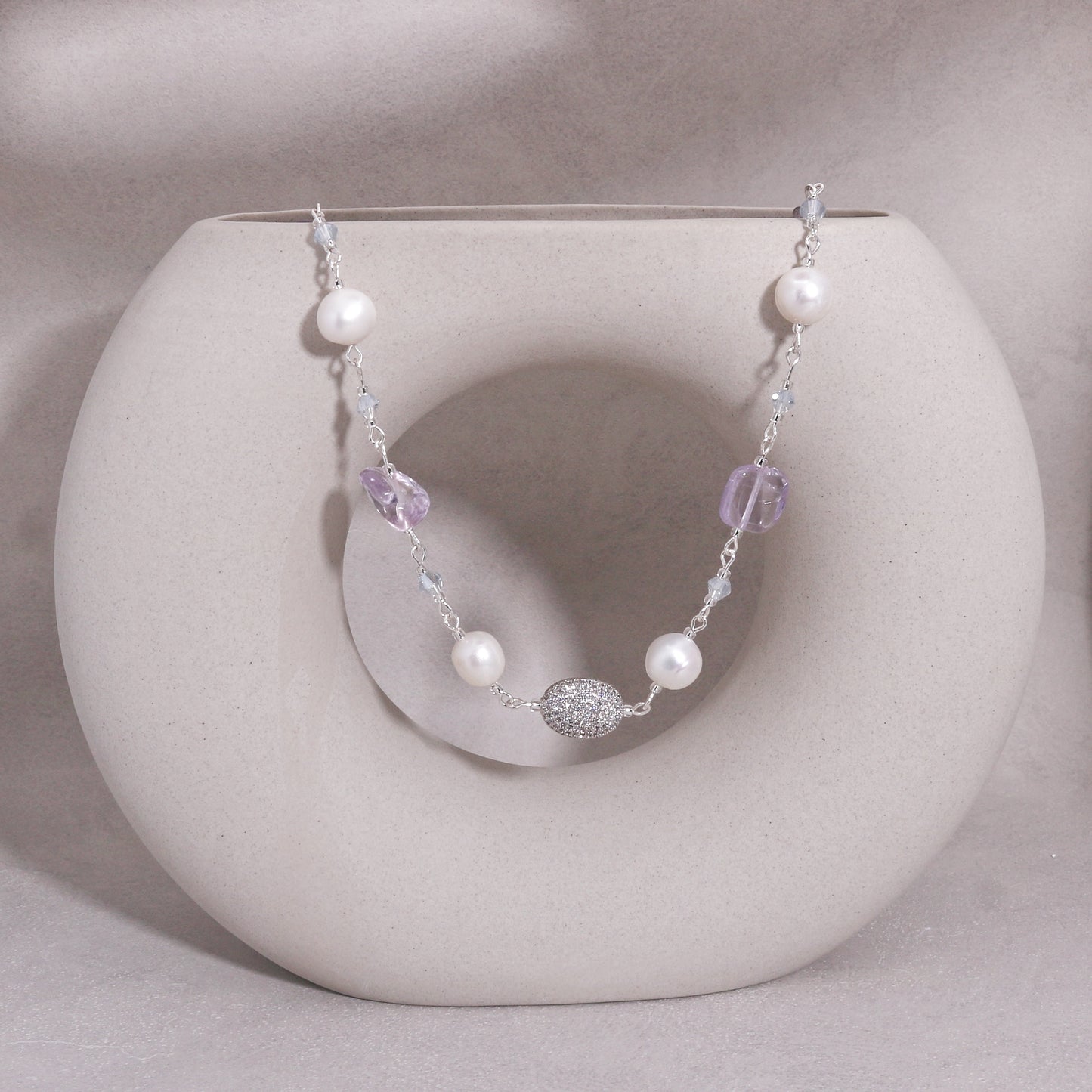 Regina Handwired Natural Amethyst and Pearl Necklace