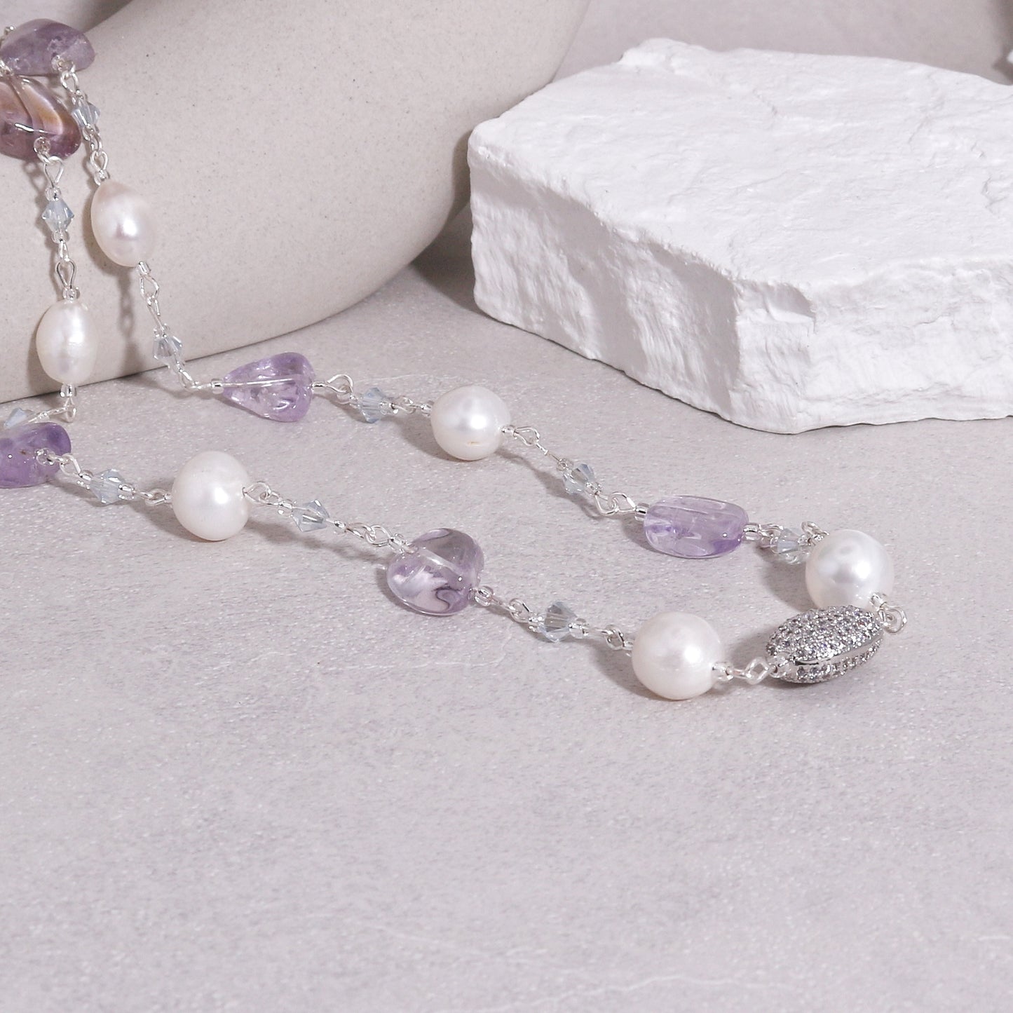 Regina Handwired Natural Amethyst and Pearl Necklace