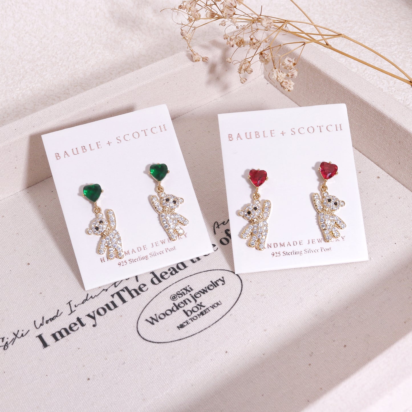Madeleign CZ Crystal Teddy Bear Drop Dangle Earrings