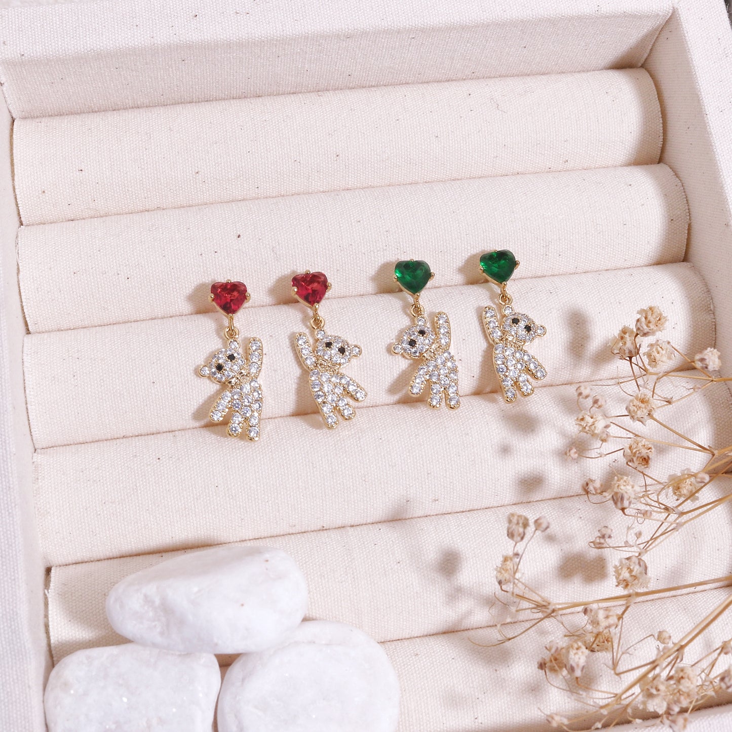 Madeleign CZ Crystal Teddy Bear Drop Dangle Earrings