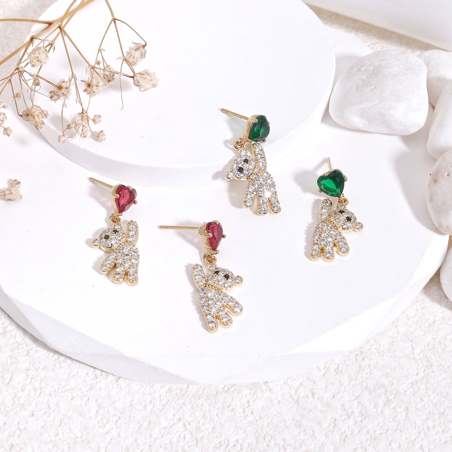Madeleign CZ Crystal Teddy Bear Drop Dangle Earrings