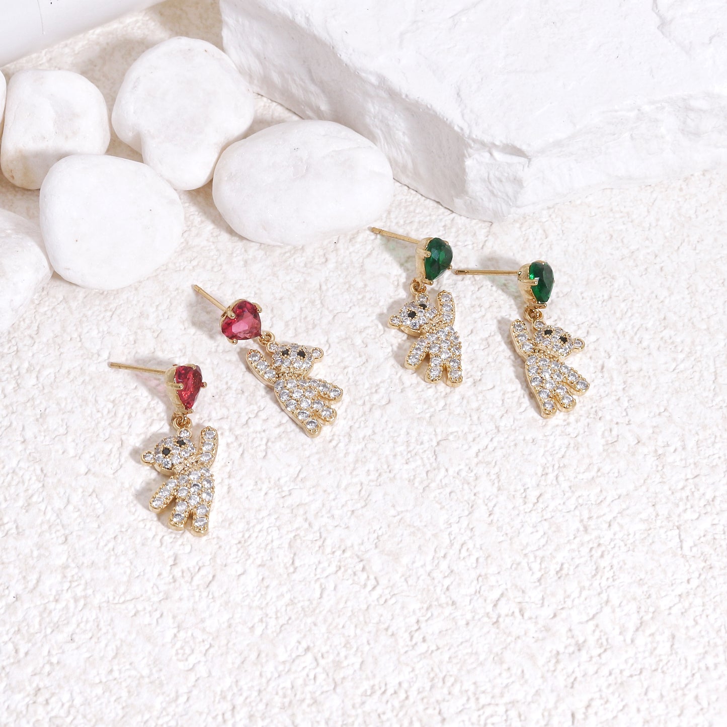 Madeleign CZ Crystal Teddy Bear Drop Dangle Earrings