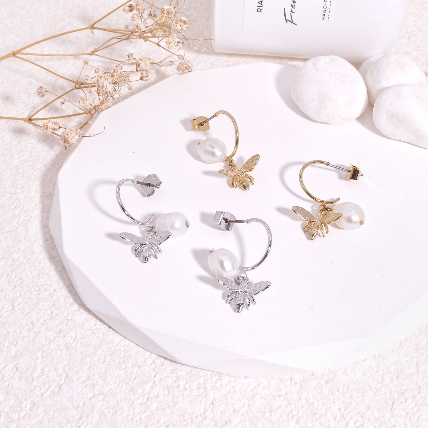 Minimalist Bumble Bee and Pearl Hoop Drop Earrings