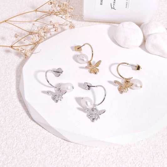 Minimalist Bumble Bee and Pearl Hoop Drop Earrings