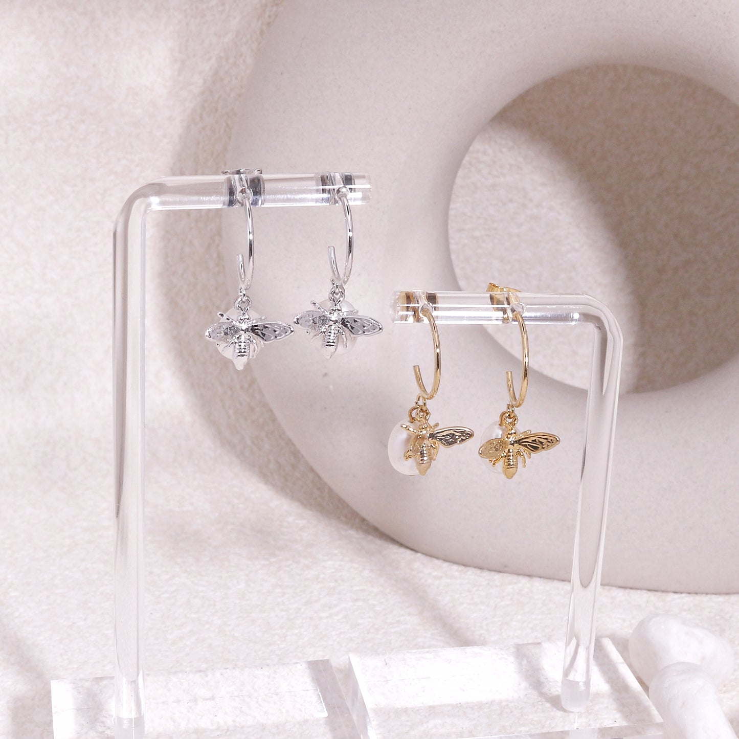 Minimalist Bumble Bee and Pearl Hoop Drop Earrings