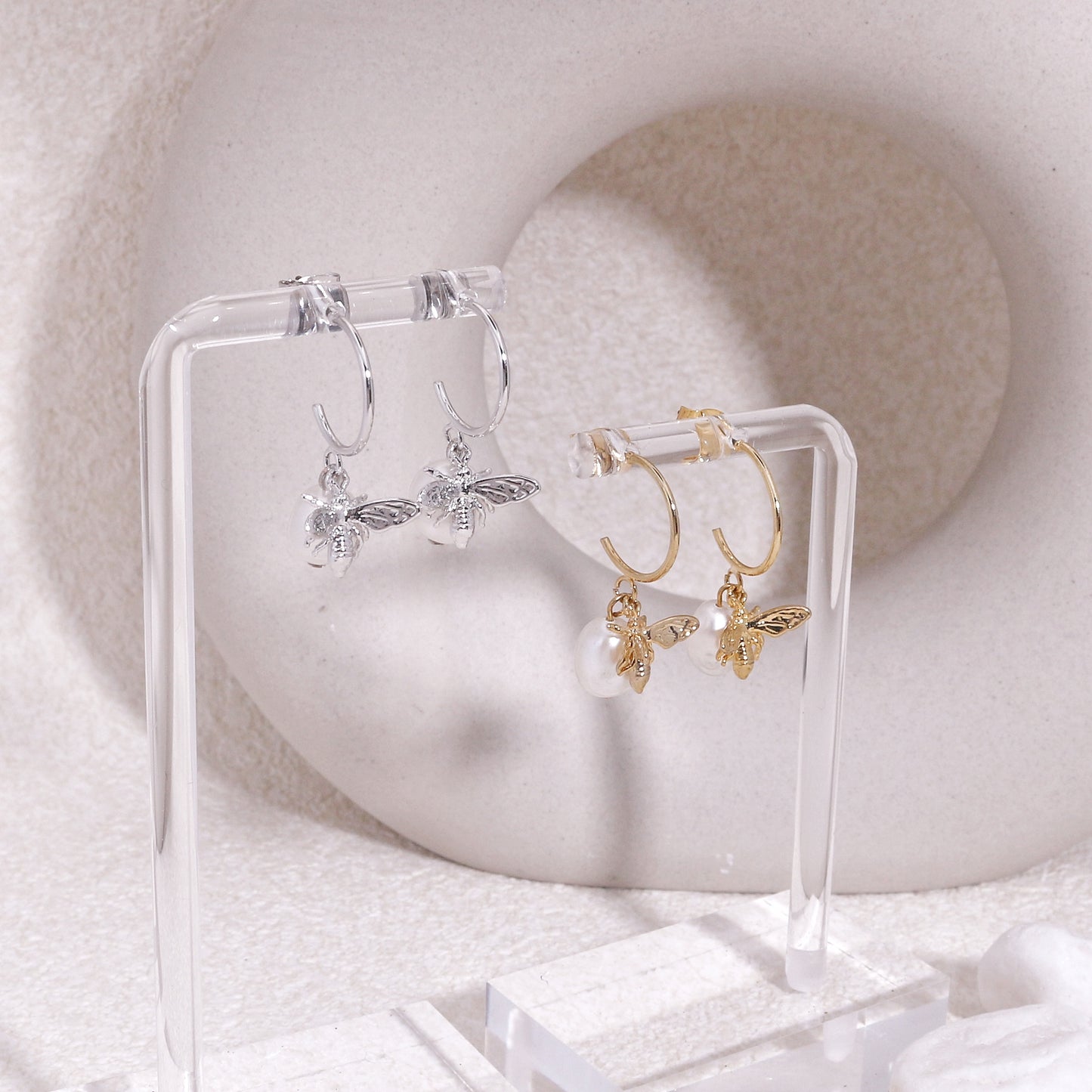 Minimalist Bumble Bee and Pearl Hoop Drop Earrings