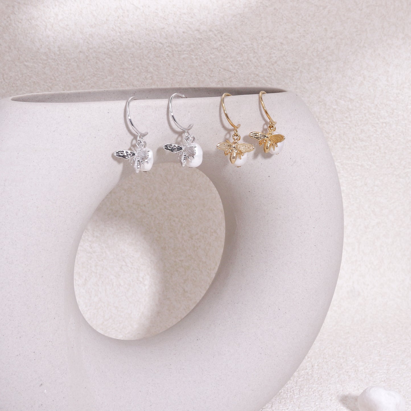 Minimalist Bumble Bee and Pearl Hoop Drop Earrings