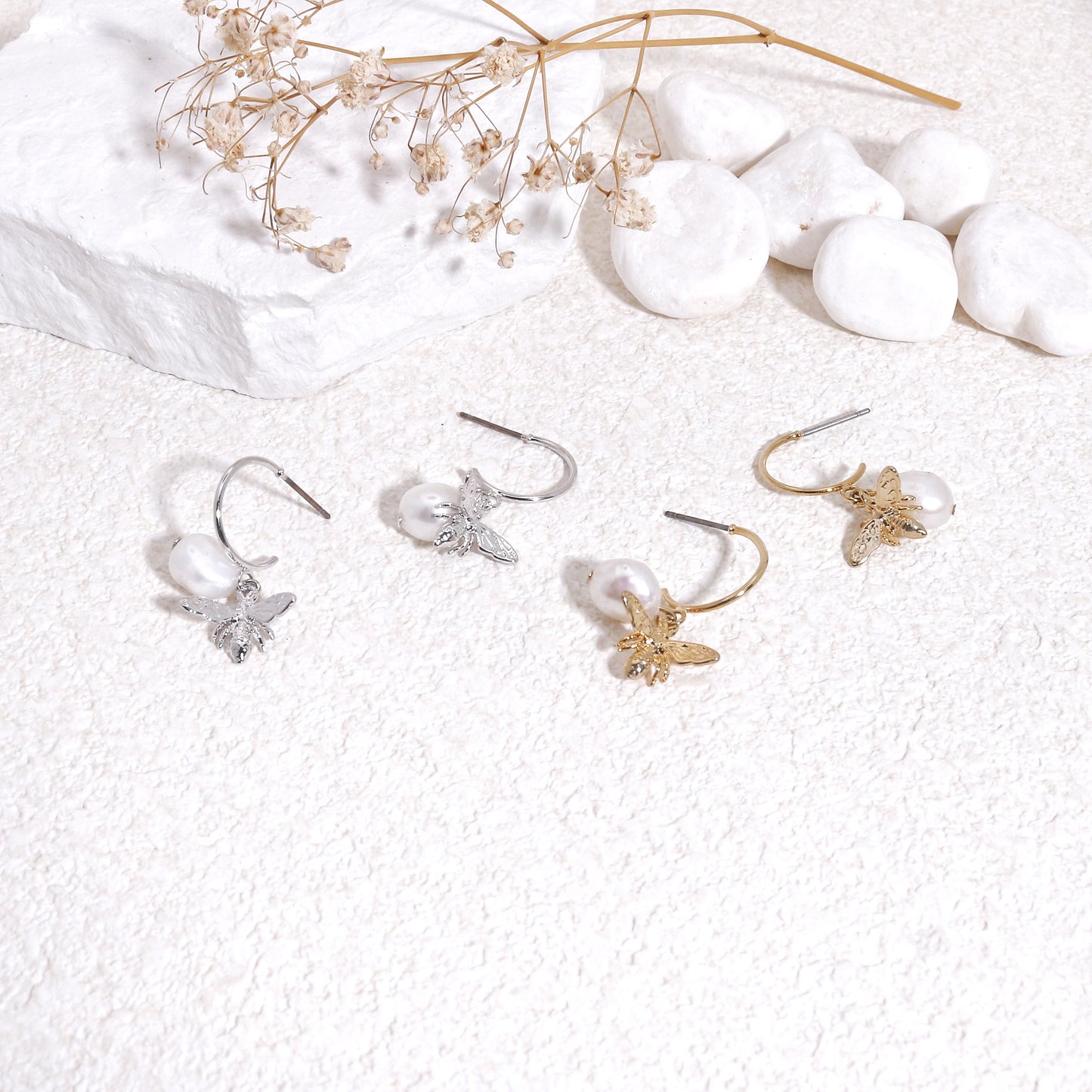 Minimalist Bumble Bee and Pearl Hoop Drop Earrings
