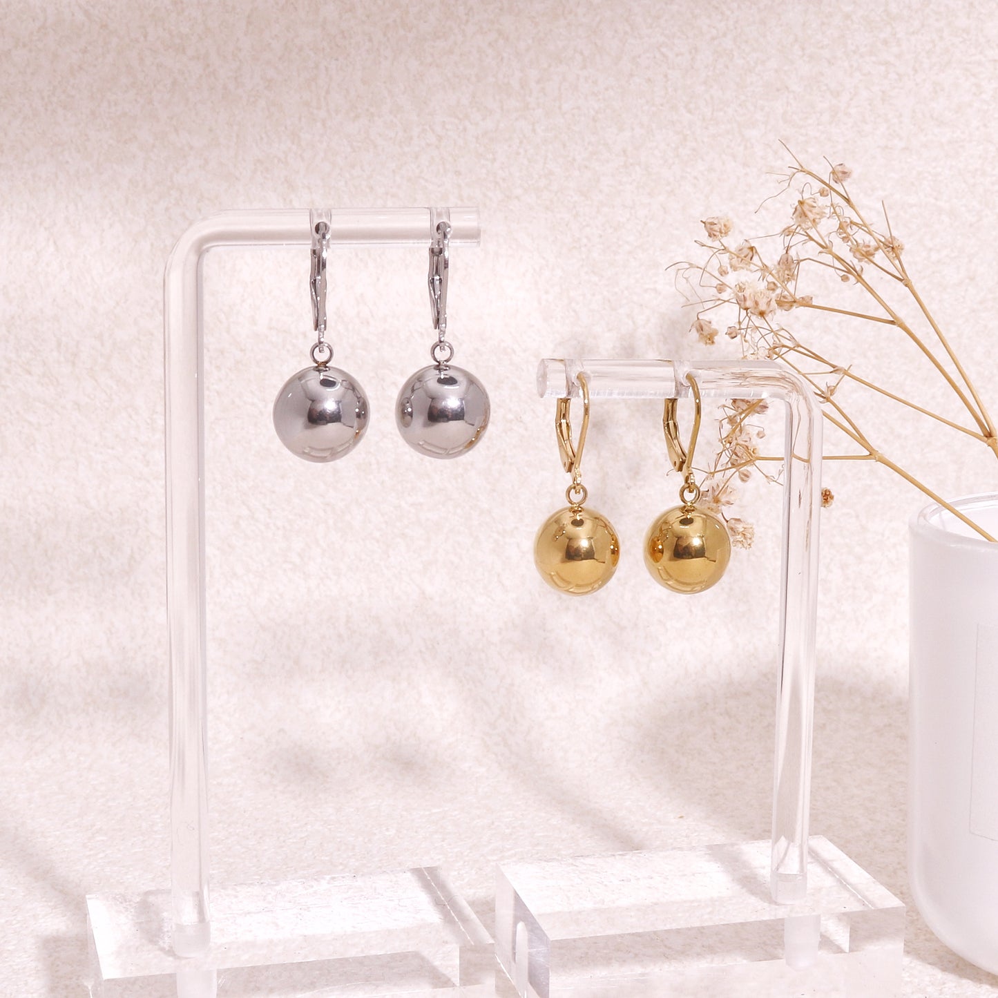 High Polish Steel Spherical Ball Dangle Earrings
