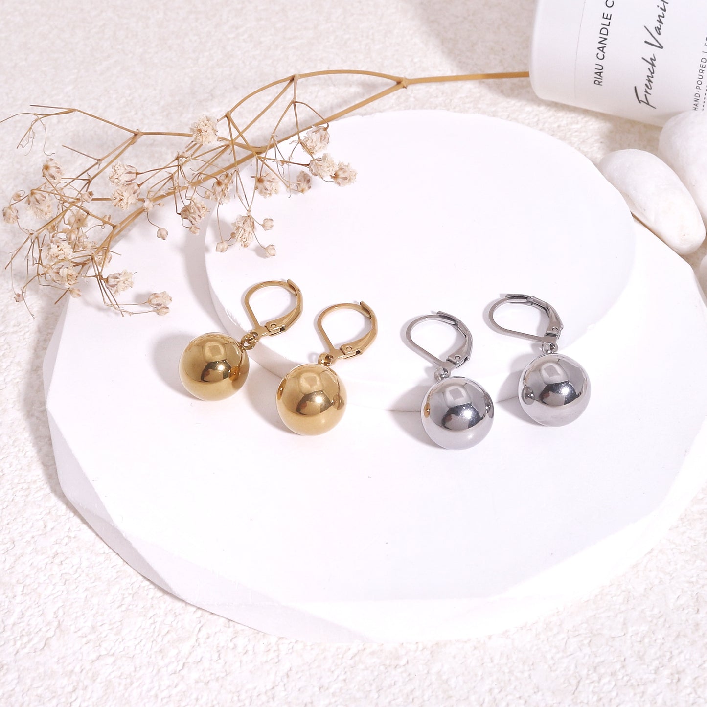 High Polish Steel Spherical Ball Dangle Earrings