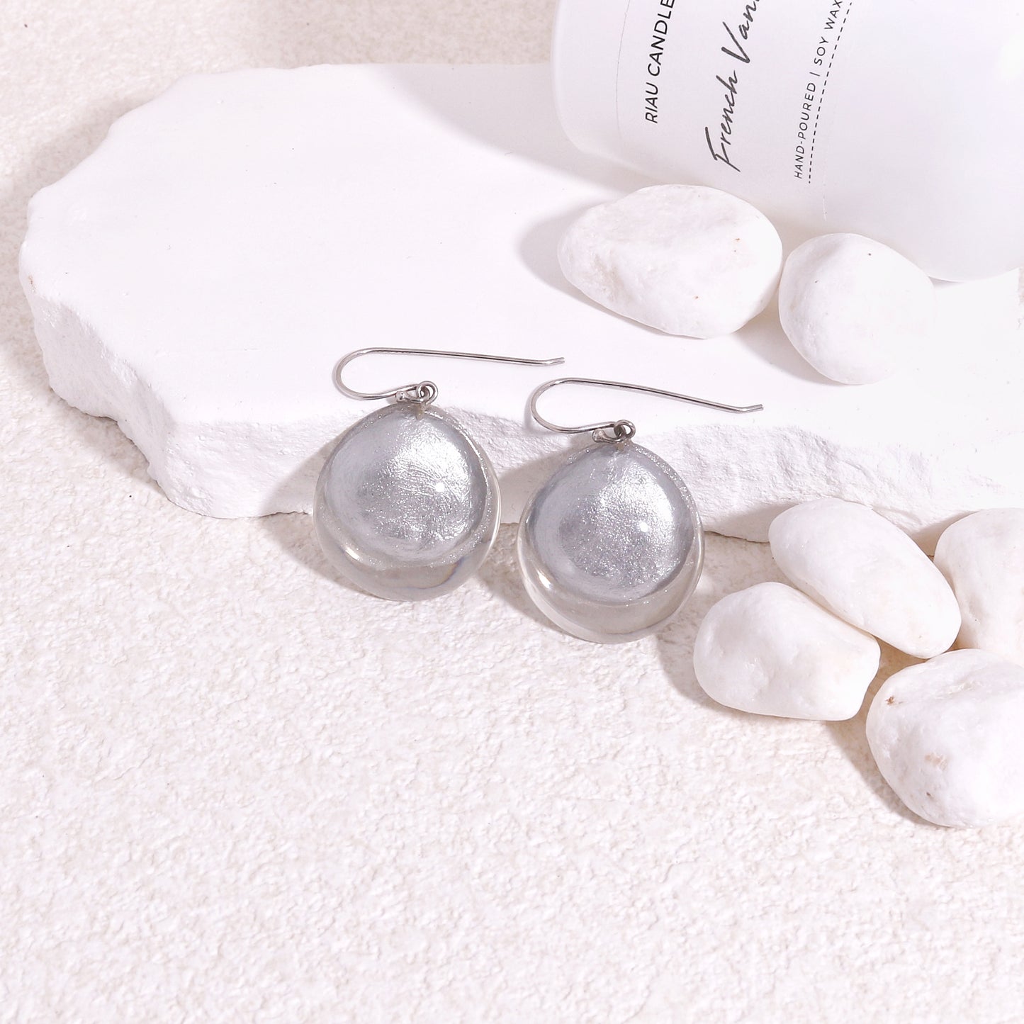 LUXUS Round Glass Silver Drop Earrings