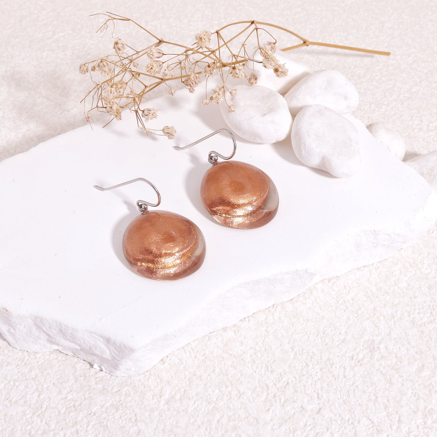 LUXUS Round Glass Rose Gold Drop Earrings