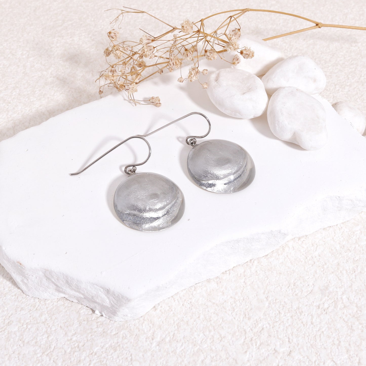 LUXUS Round Glass Silver Drop Earrings