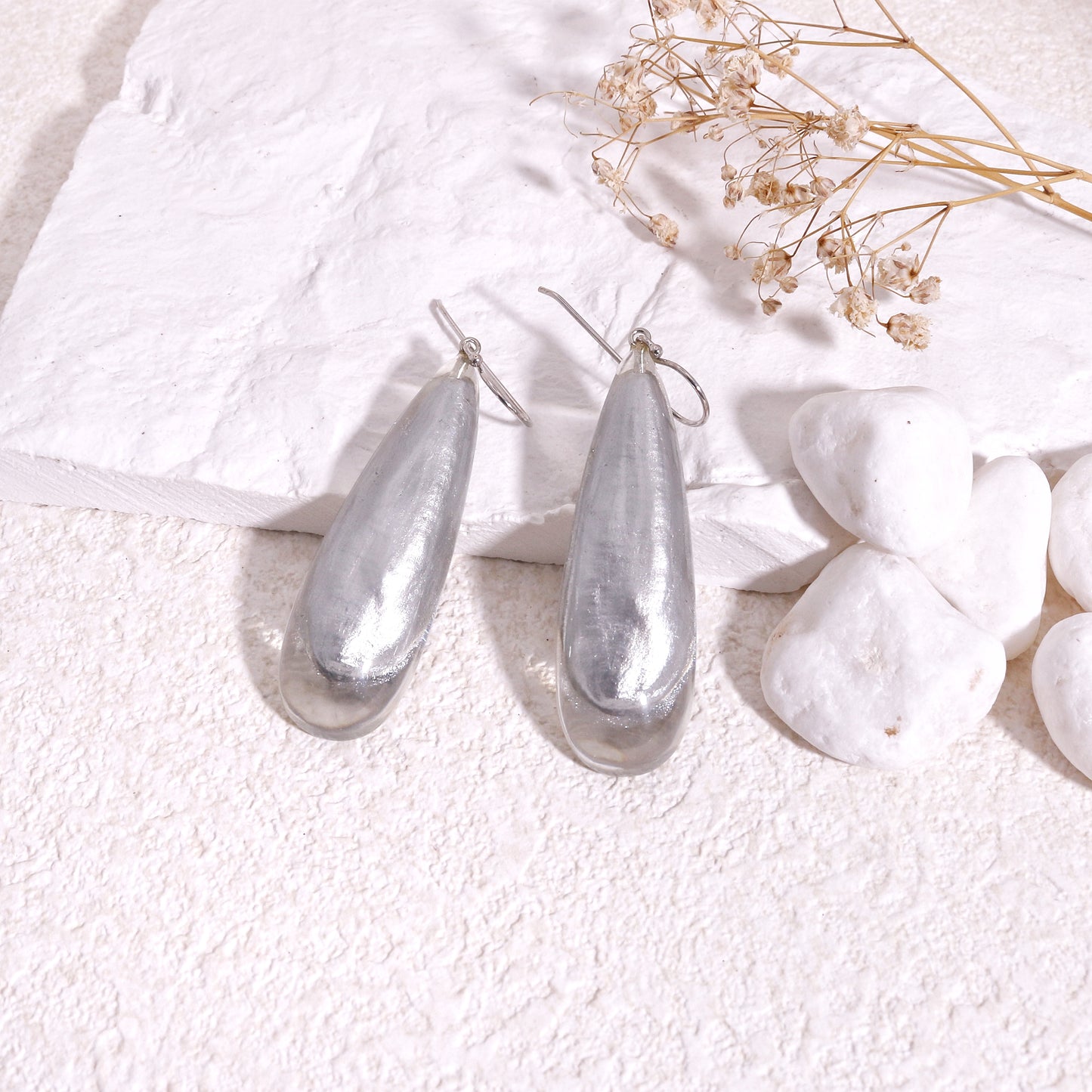 LUXUS Large Silver Glass Drop Earrings