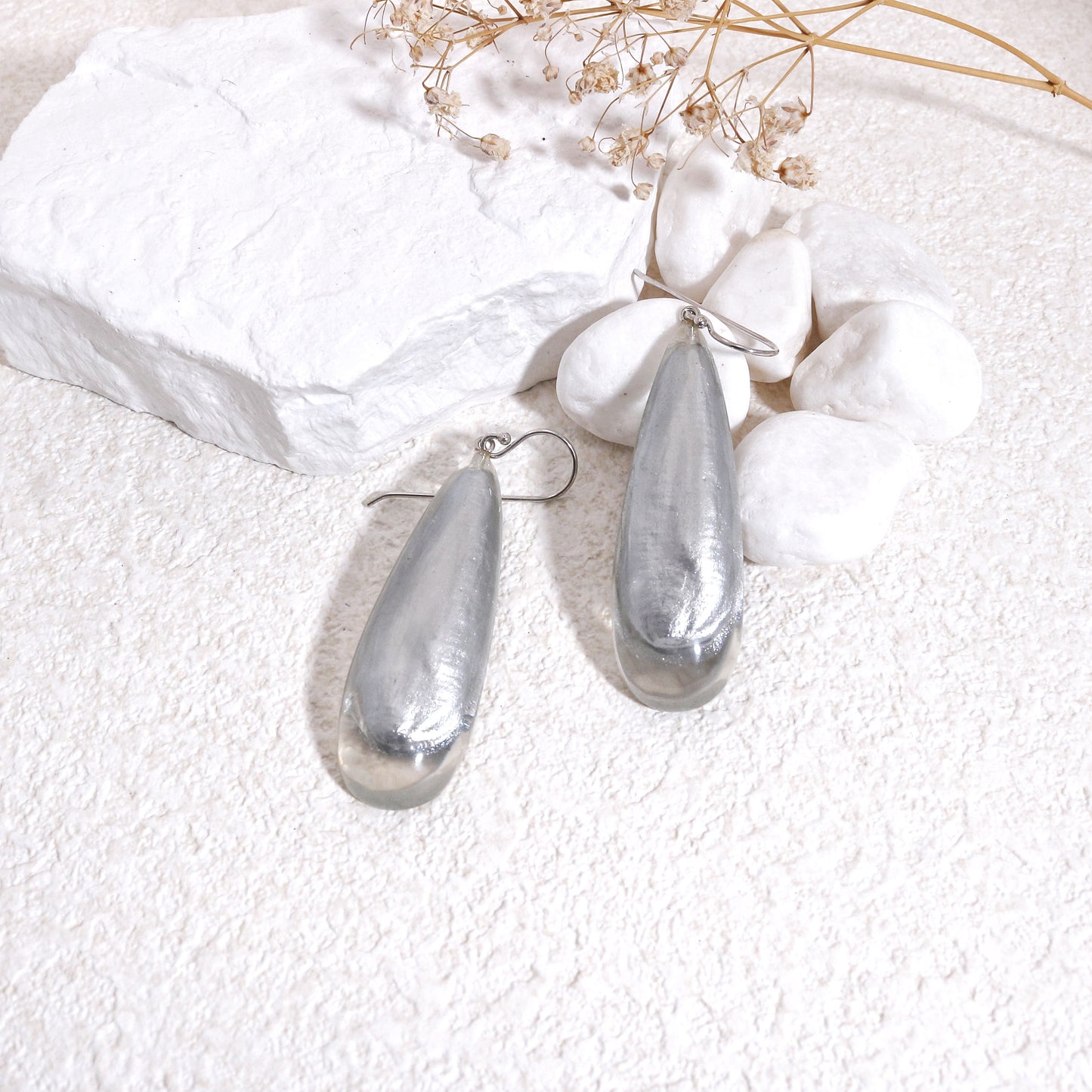 LUXUS Large Silver Glass Drop Earrings