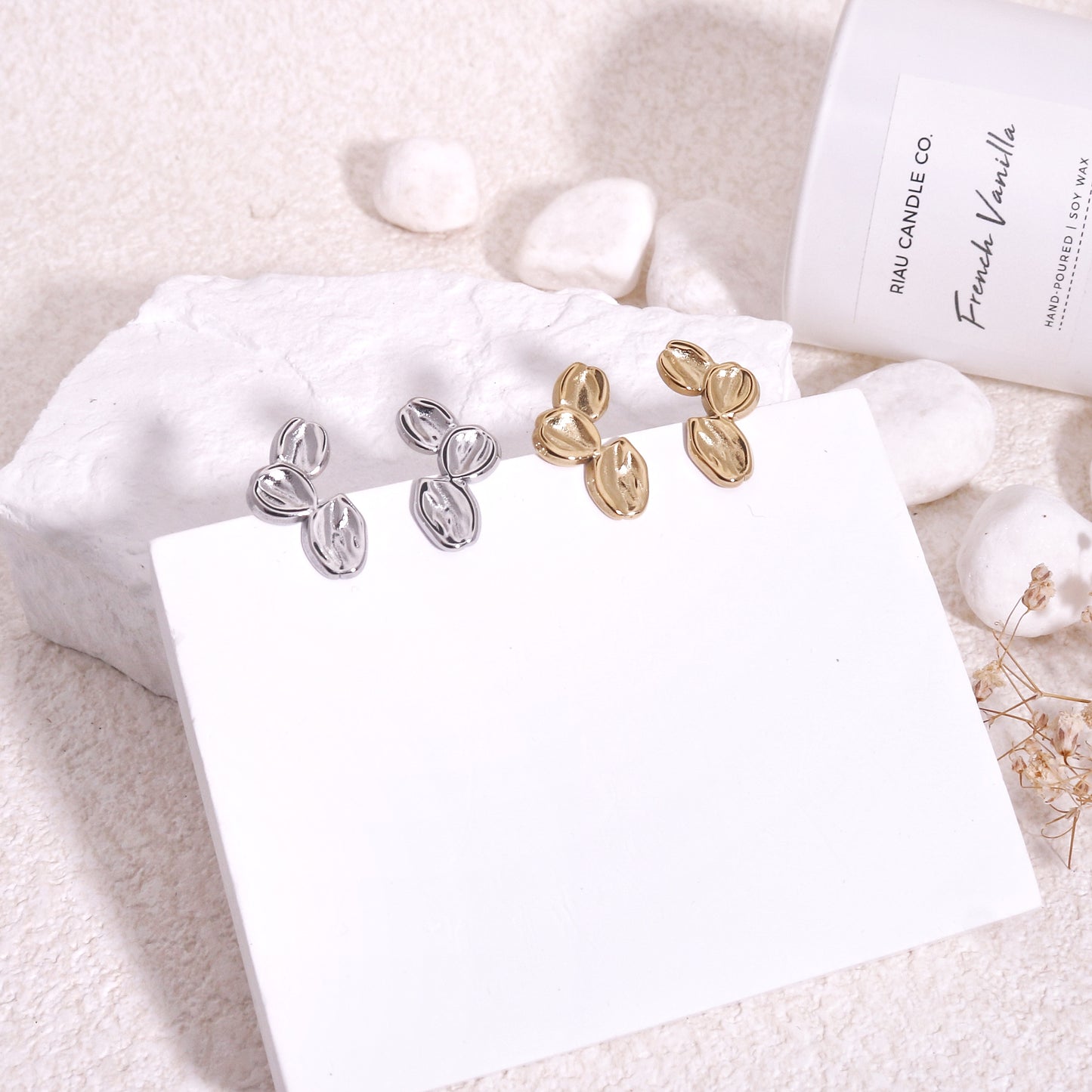 Trinity Textured Leaf Minimalist Stud Earrings