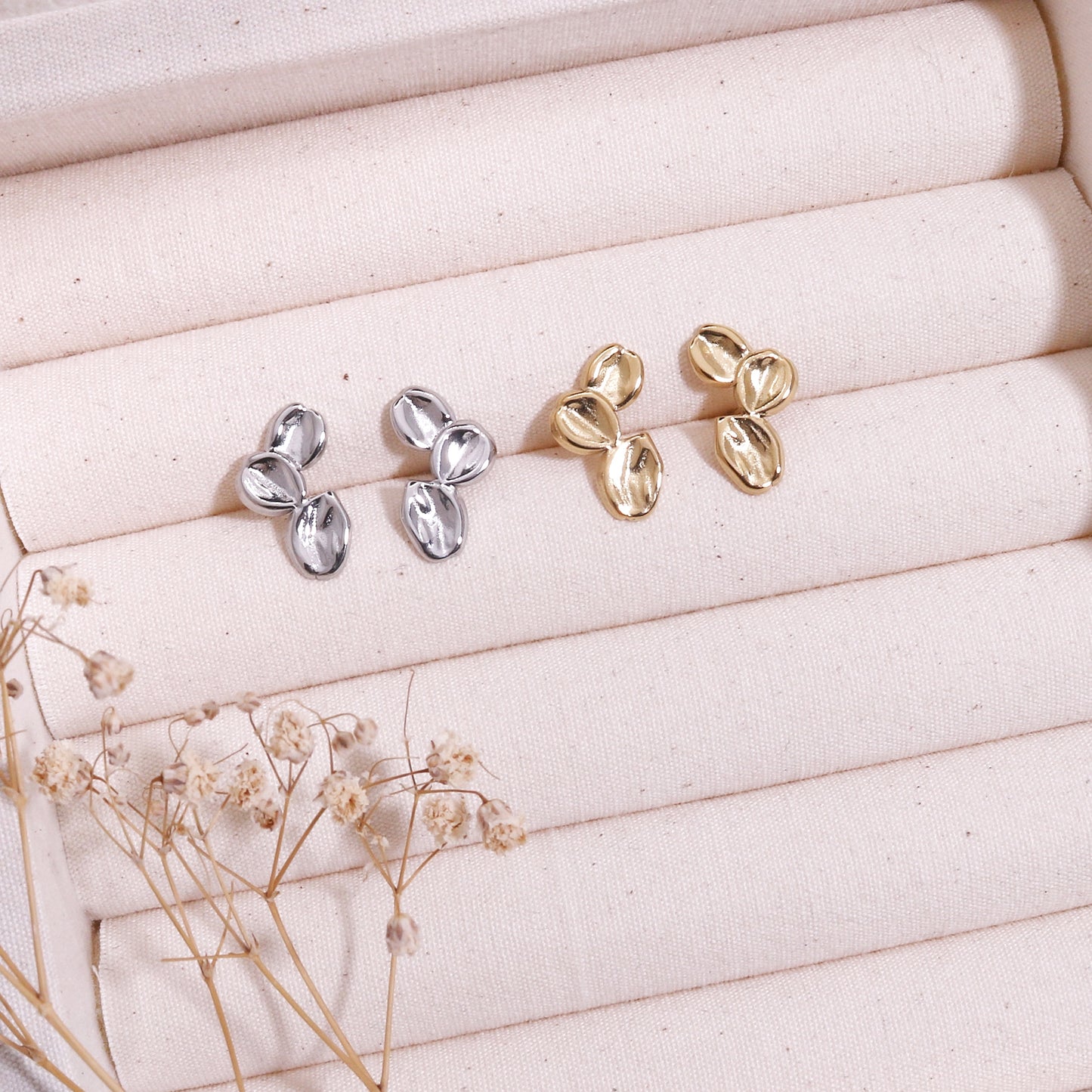 Trinity Textured Leaf Minimalist Stud Earrings