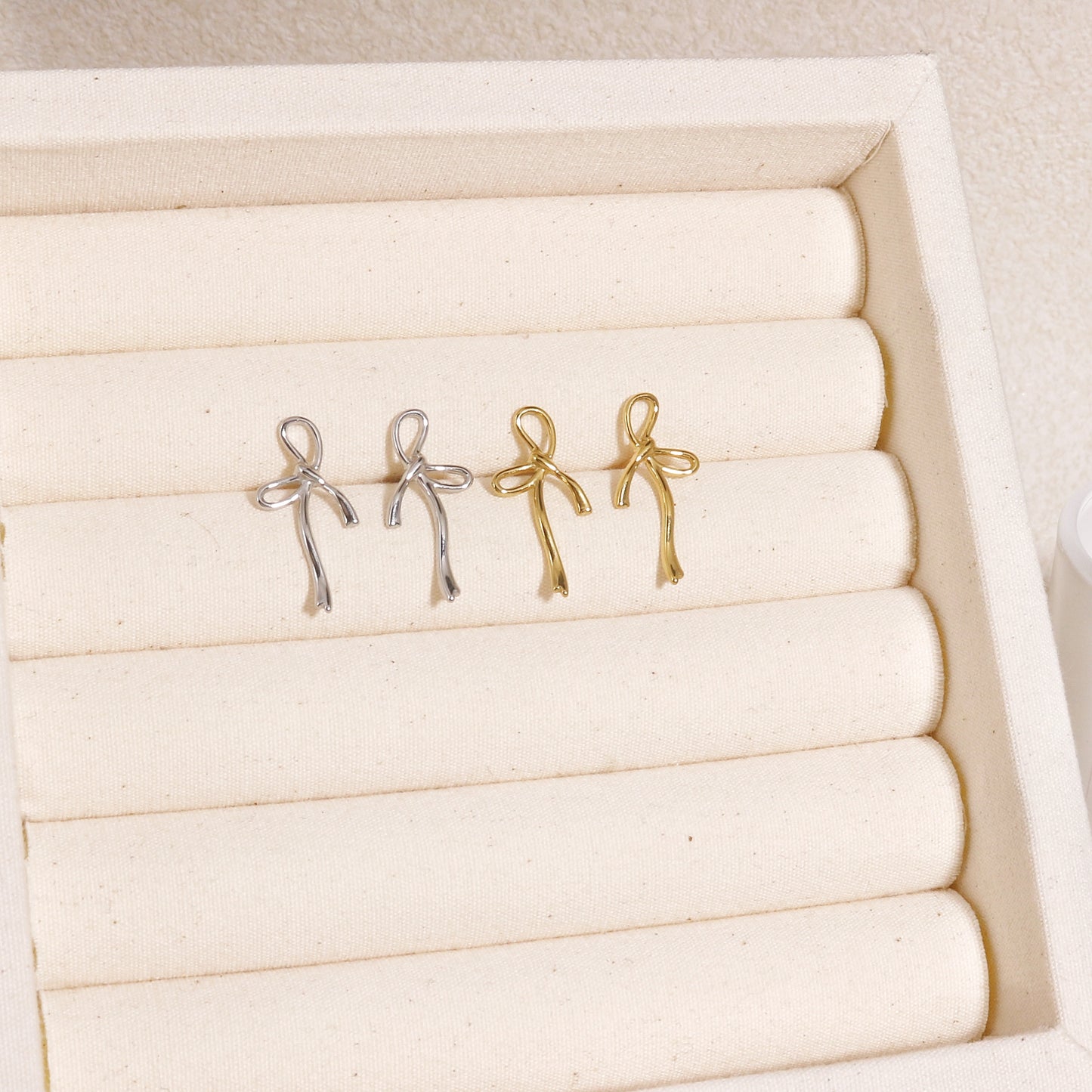 Julietta Minimalist Bow Tie Ribbon Drop Stud Earrings