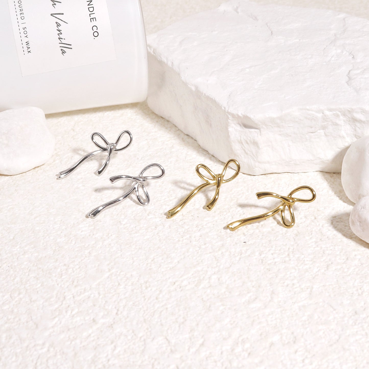 Julietta Minimalist Bow Tie Ribbon Drop Stud Earrings