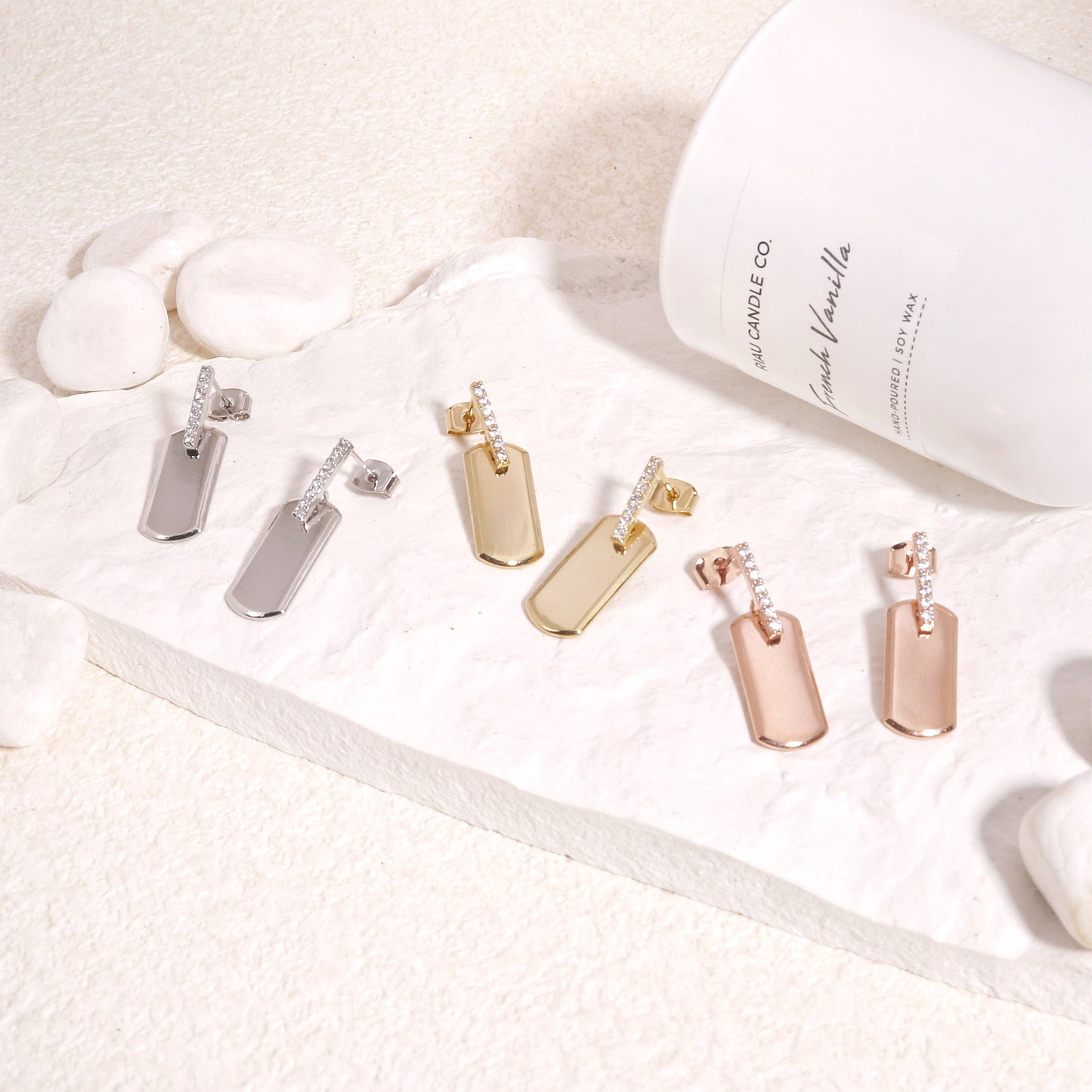 Hellena Mini Dog Tag CZ Drop Earrings