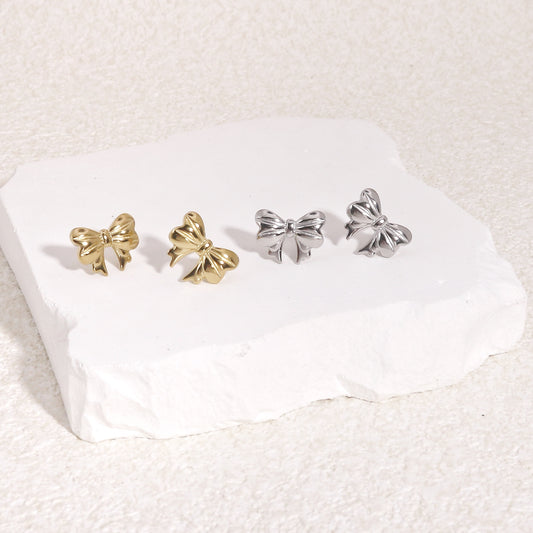 Leona Mini Ribbon Steel Bow Stud Earrings